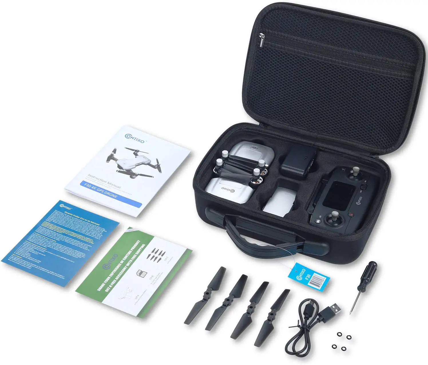 Contixo F30 Drone - for Kids & Adults WiFi 4K HD UHD Camera and GPS, FPV Quadcopter for Beginners, Foldable mini drone, Brushless Motor, Follow Me, Two Batteries and Carrying Case Included Professional Camera Drone