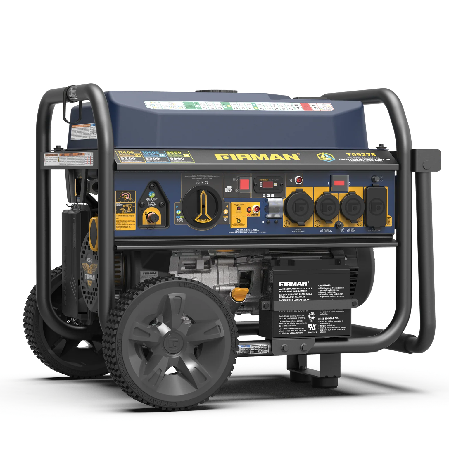 Tri Fuel Portable Generator 11400W Electric Start 120V/240V with CO Alert