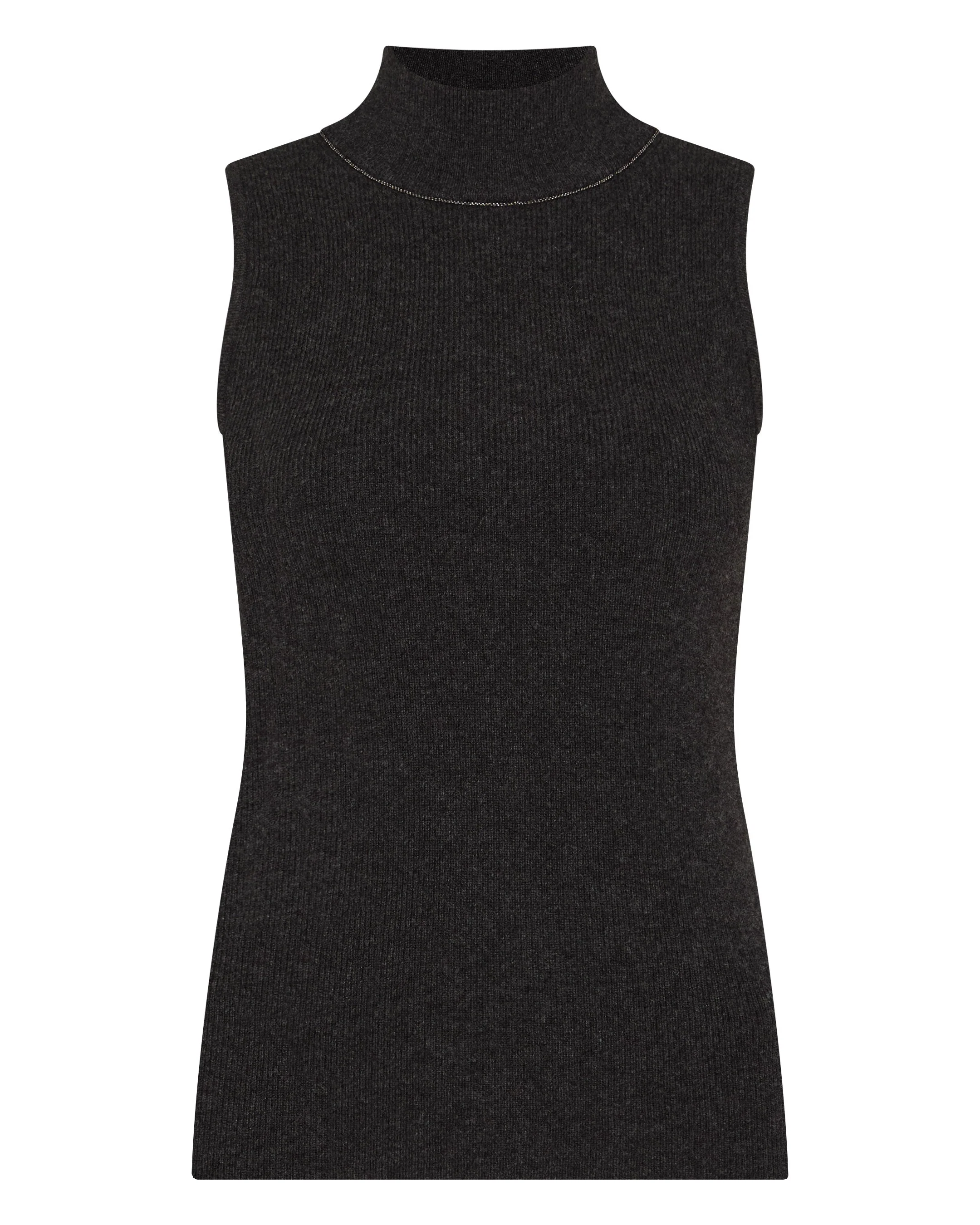 Women's Turtle Neck Cashmere Tank Top With Metal Trim Deep Charcoal Grey