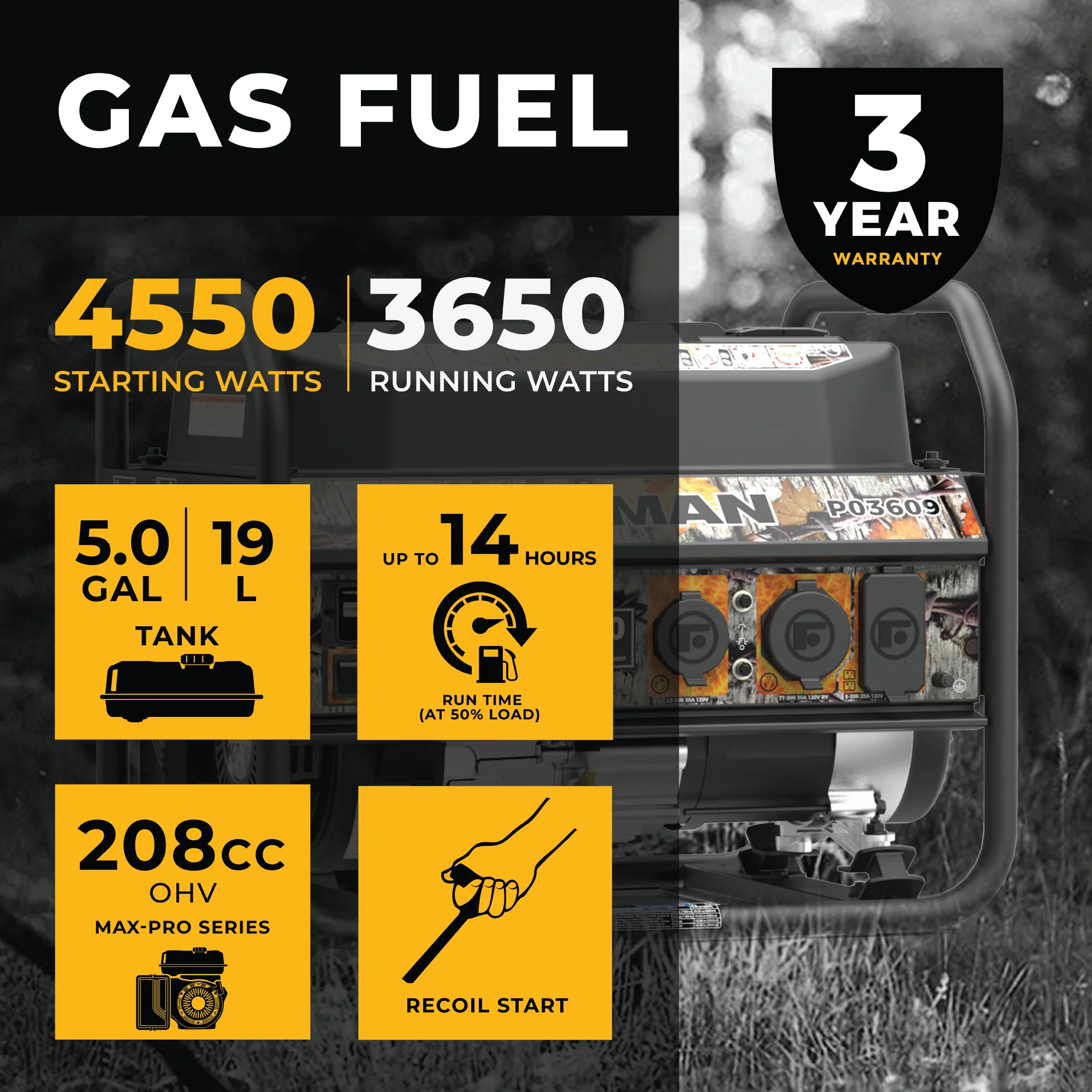 Gas Portable Generator 4550W Recoil Start 120V