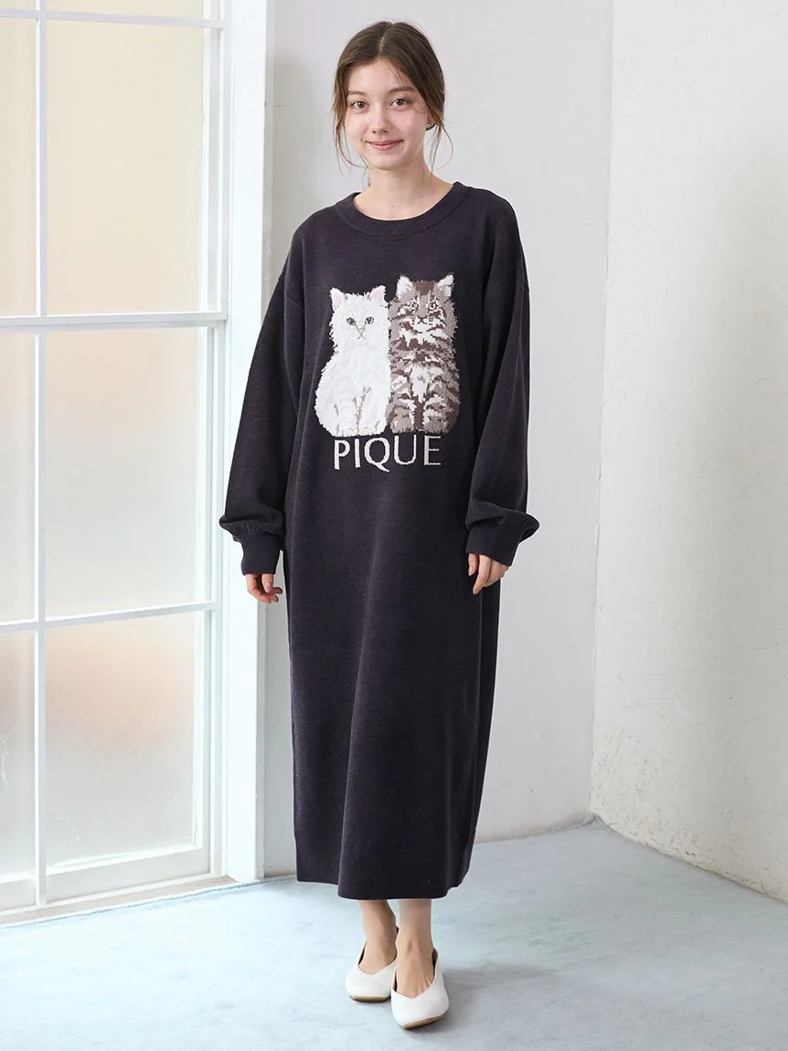 Airy Moco Twin Cats Jacquard Dress