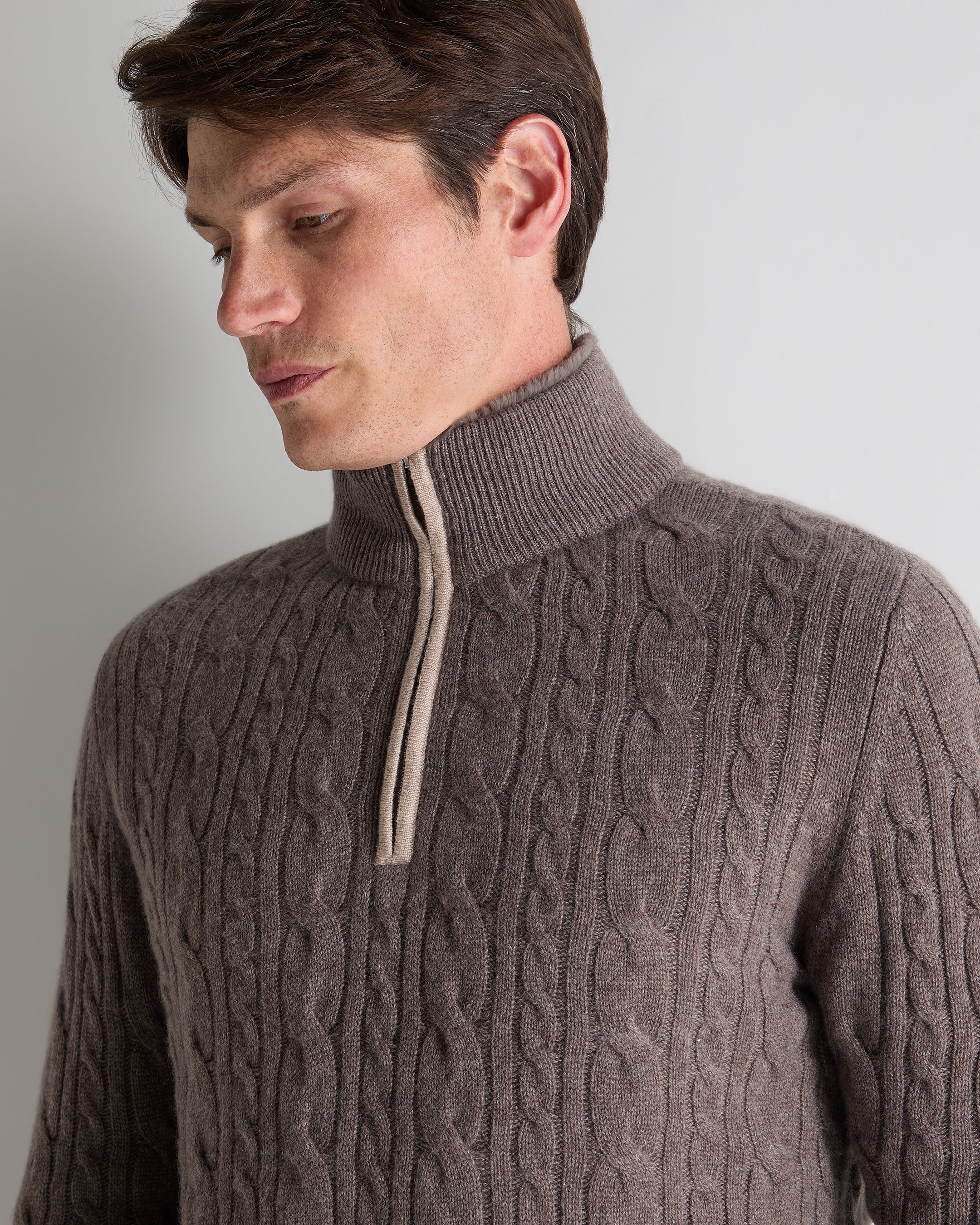 Men's Fur Trim Half Zip Cashmere Jumper Otter Brown