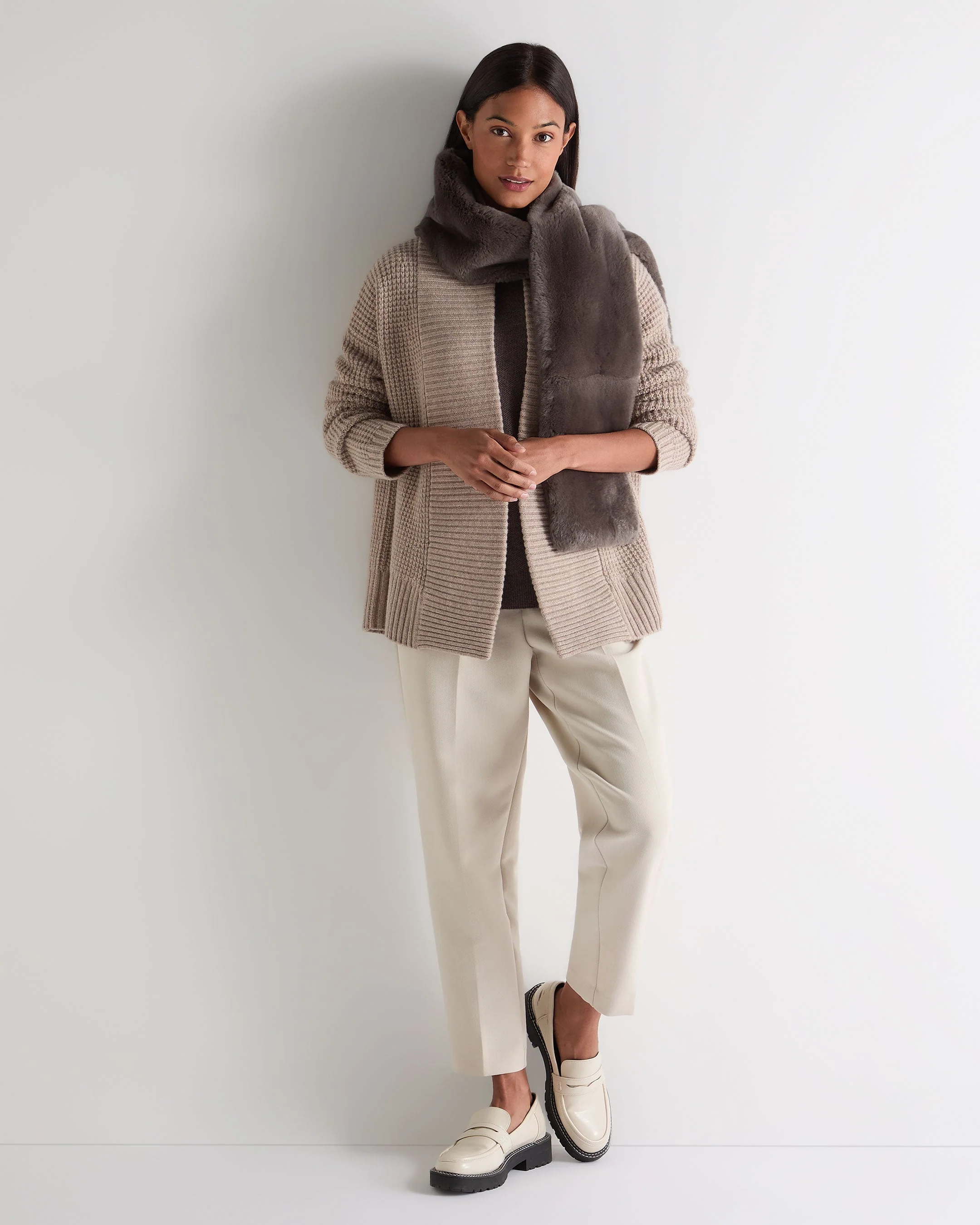 Women's Chunky Moss Stitch Cashmere Cardigan Oatmeal Brown