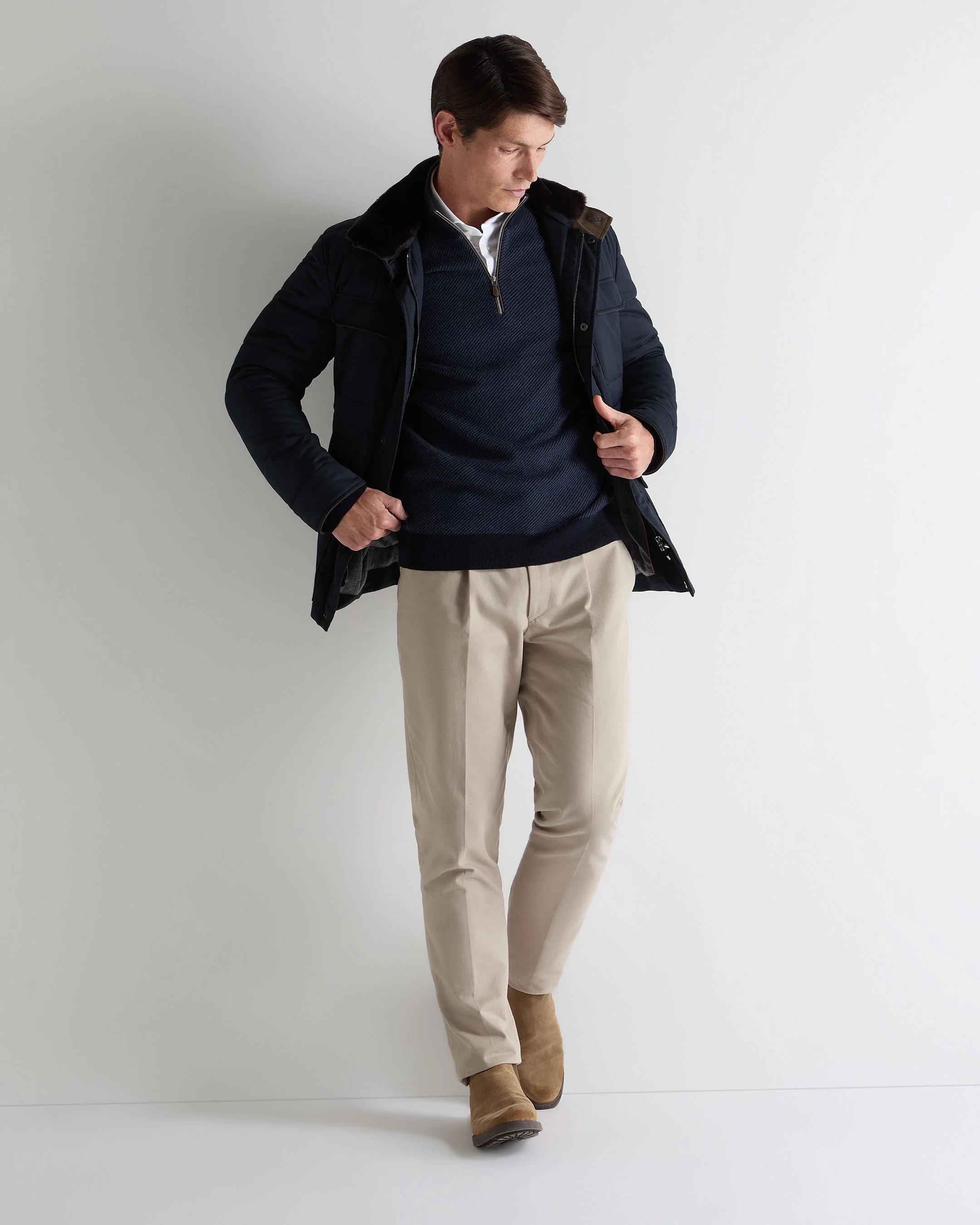 Men's Temple Jacquard Half Zip Cashmere Jumper Blue Herringbone