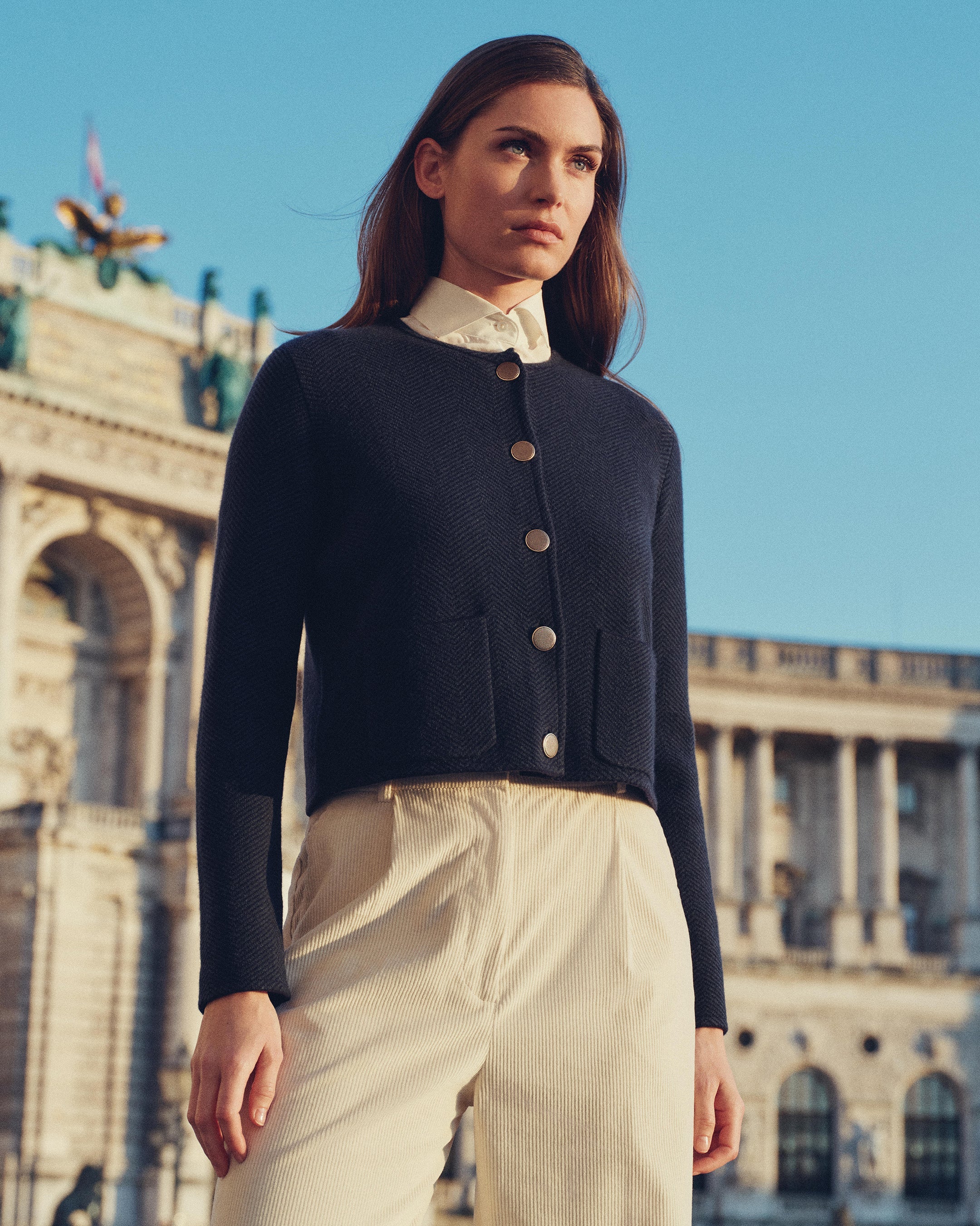 Women's Collarless Jacquard Cashmere Jacket Navy Blue