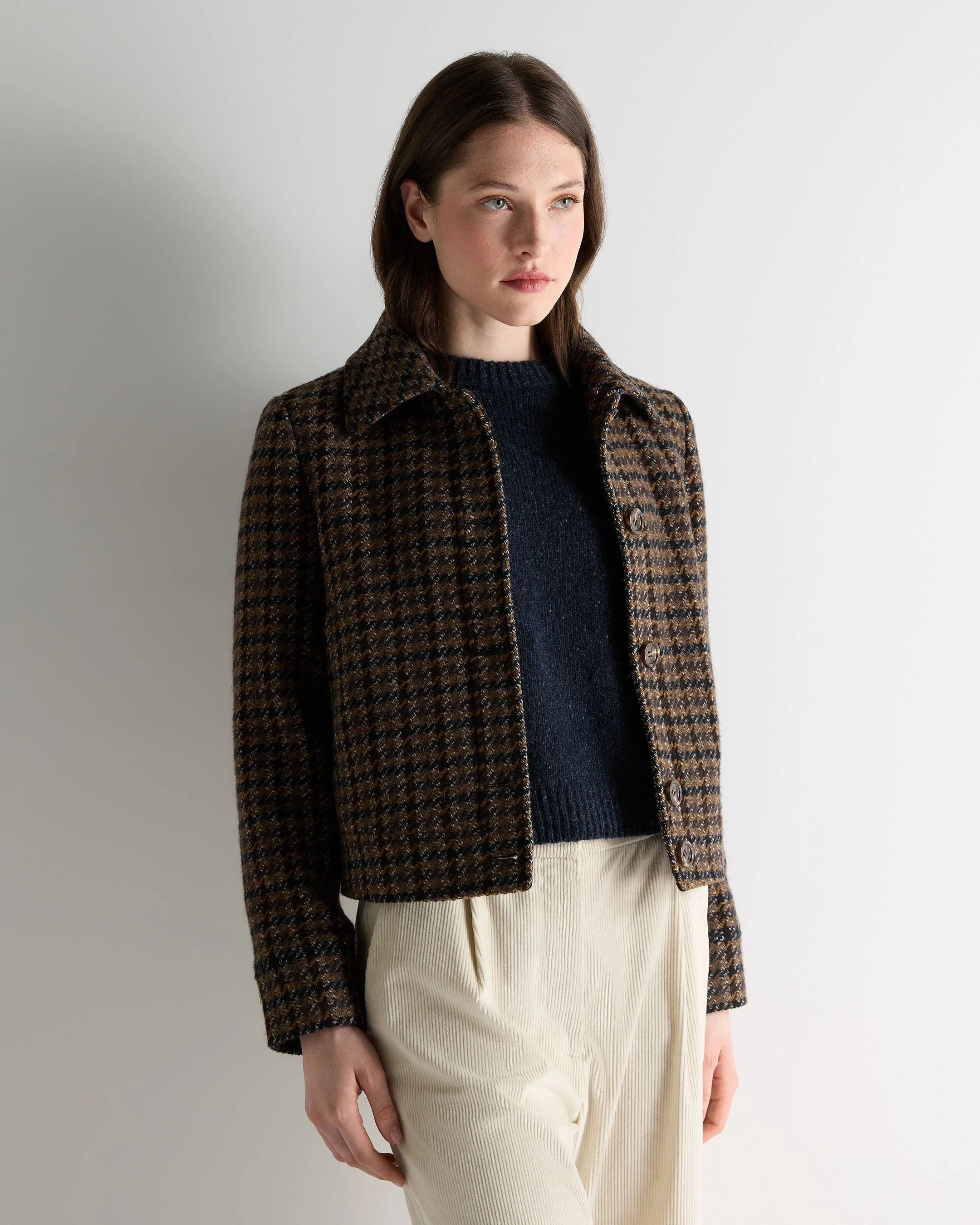 Women's Dogtooth Fur Trim Jacket Brown