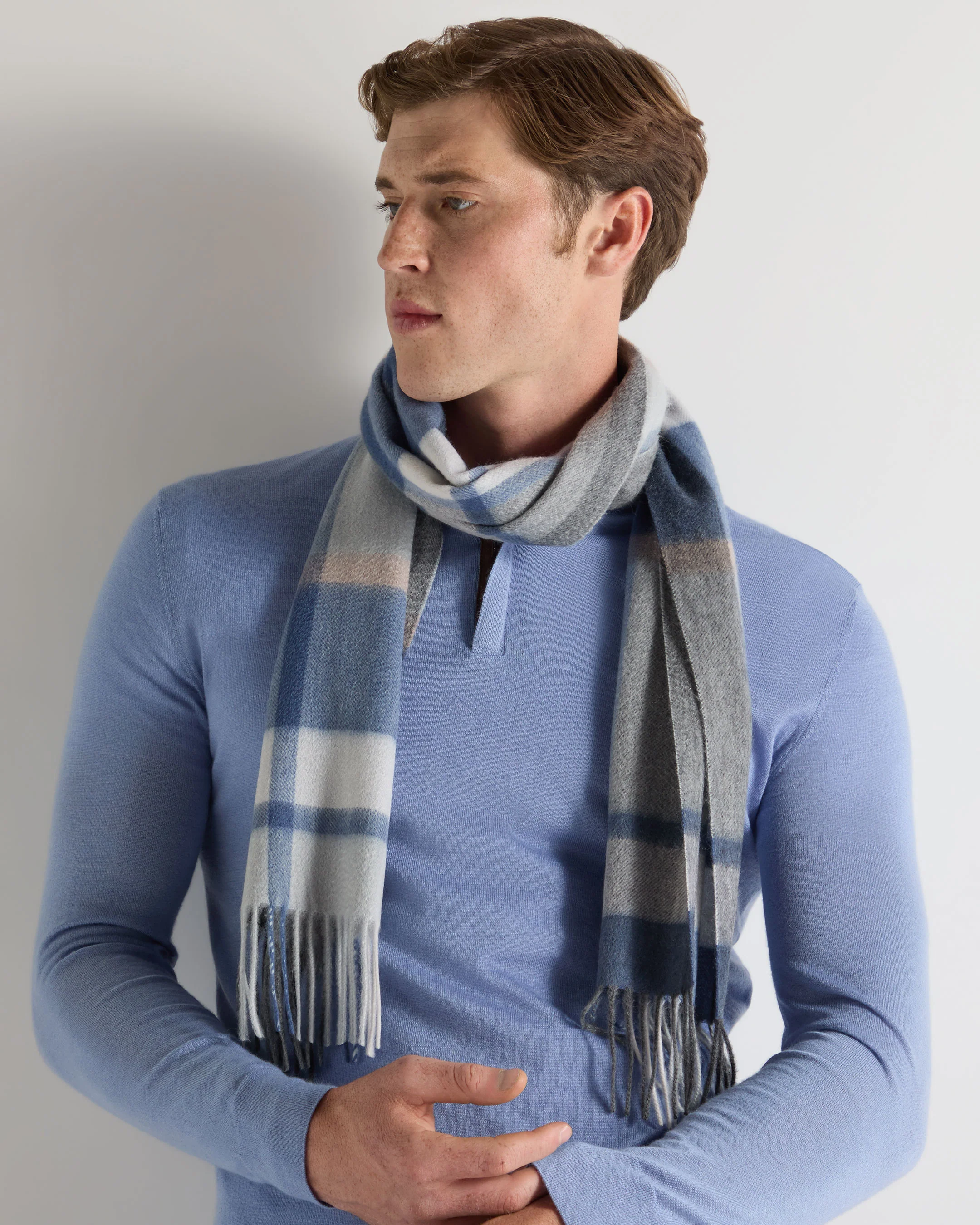 Unisex Cashmere Check Scarf Blue Grey Check