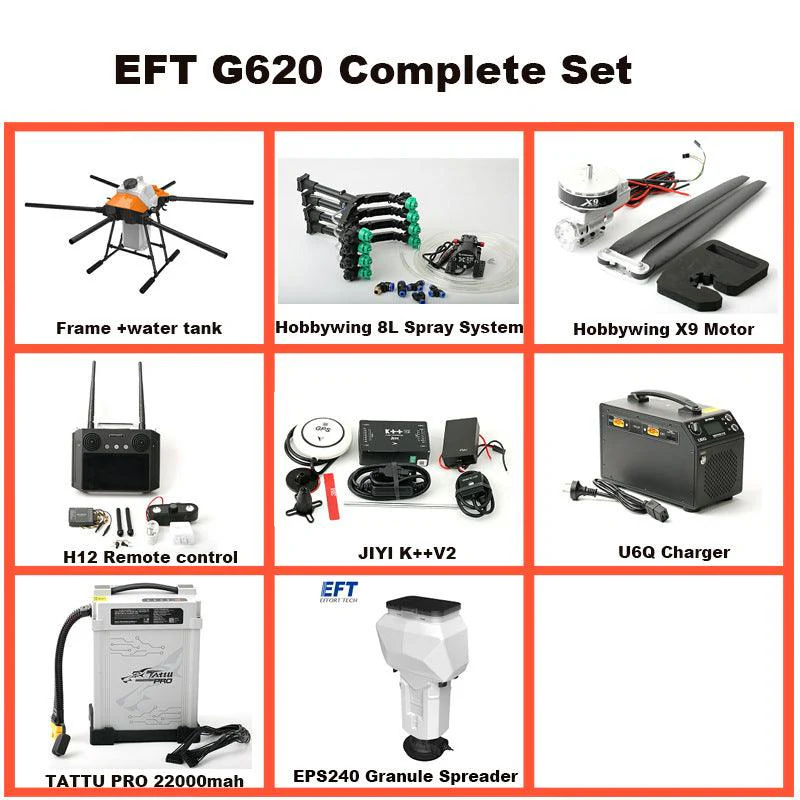 EFT G620 20L Agriculture Drone -  6 Axis 20L 20KG Agriculture Spreader Sprayer Drone With Hobbywing X9, JIYI K++V2,TATTU Pro 22000mAh