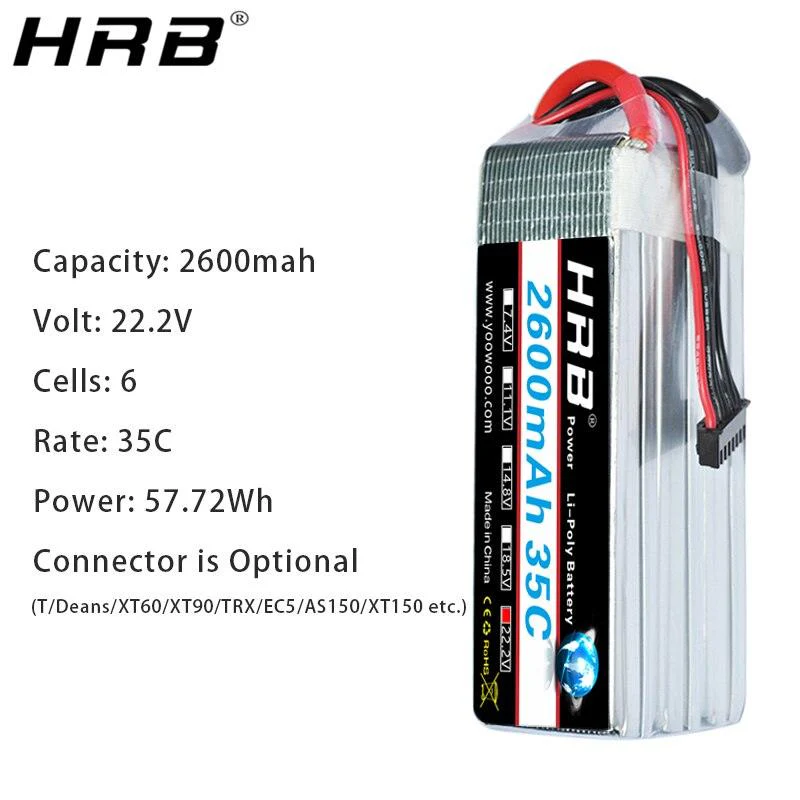 2PCS HRB 6S 22.2V Lipo Battery - 2600mah XT60 T EC5 XT90 AS150 For trex 500 Helicopter For T-REX 470LM Heli FPV Airplanes RC Parts