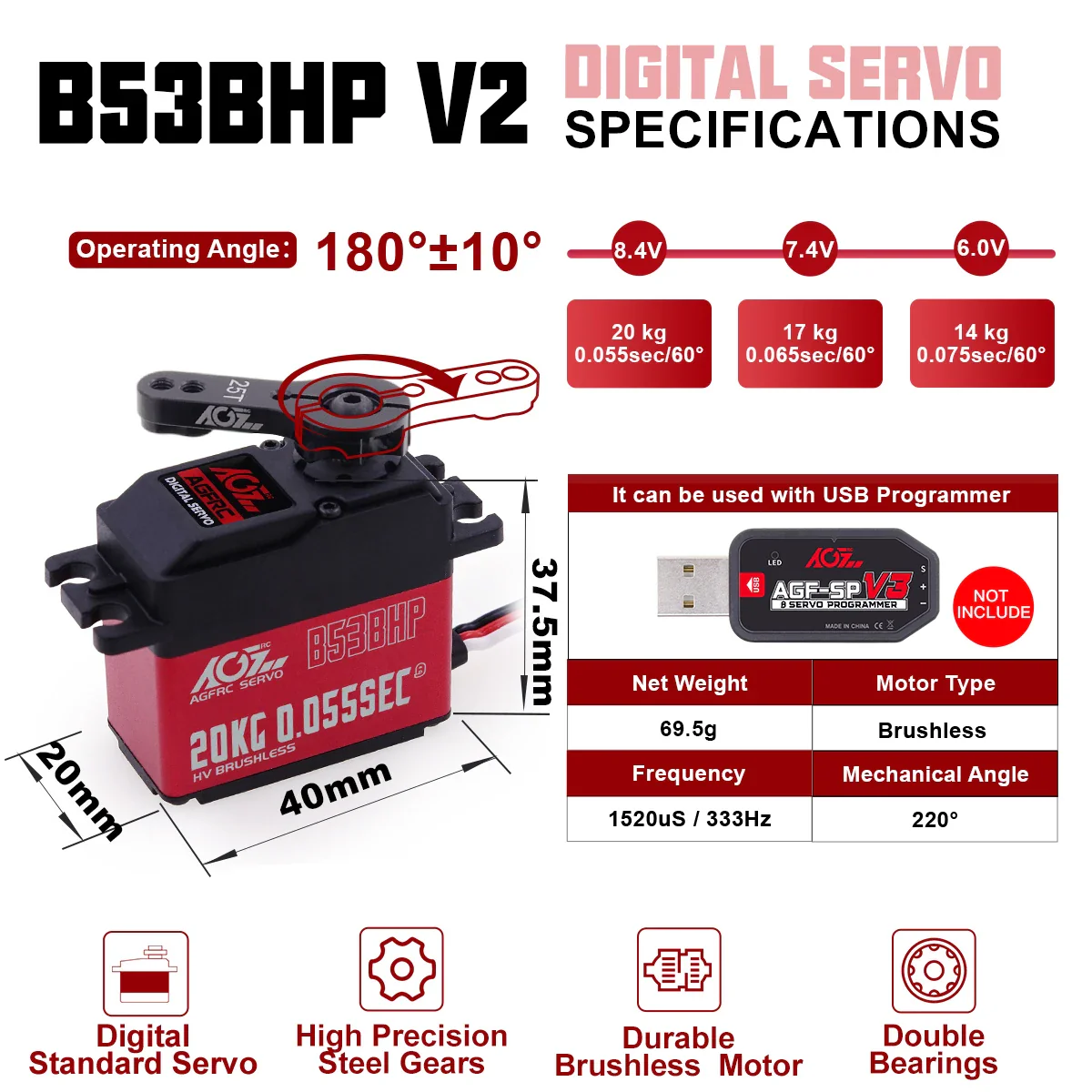 AGFRC B53BHP V2 - Brushless RC Servo HV 20KG Upgraded Steel Gear Programmable Digital Standard Servo for 1/10 RC Car Boat Crawler