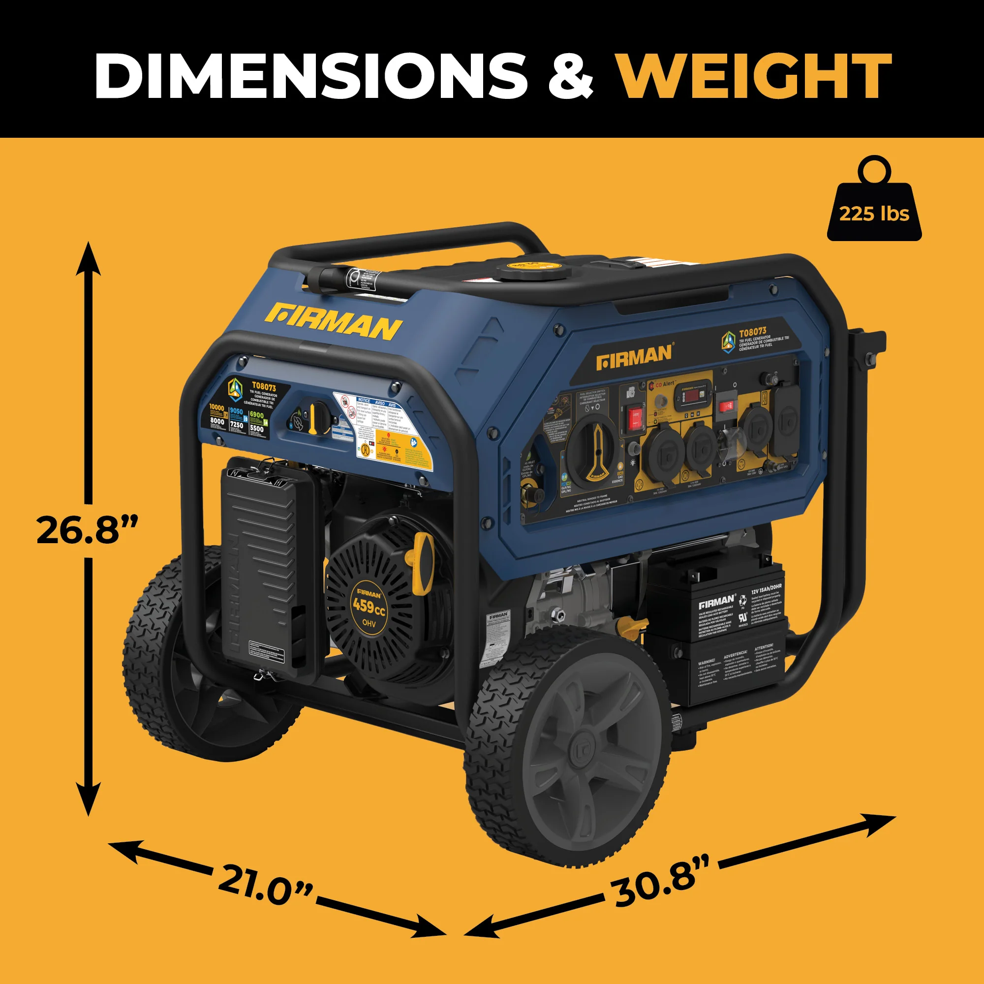 Tri Fuel  Portable Generator 10000/8000W Electric Start With CO Alert