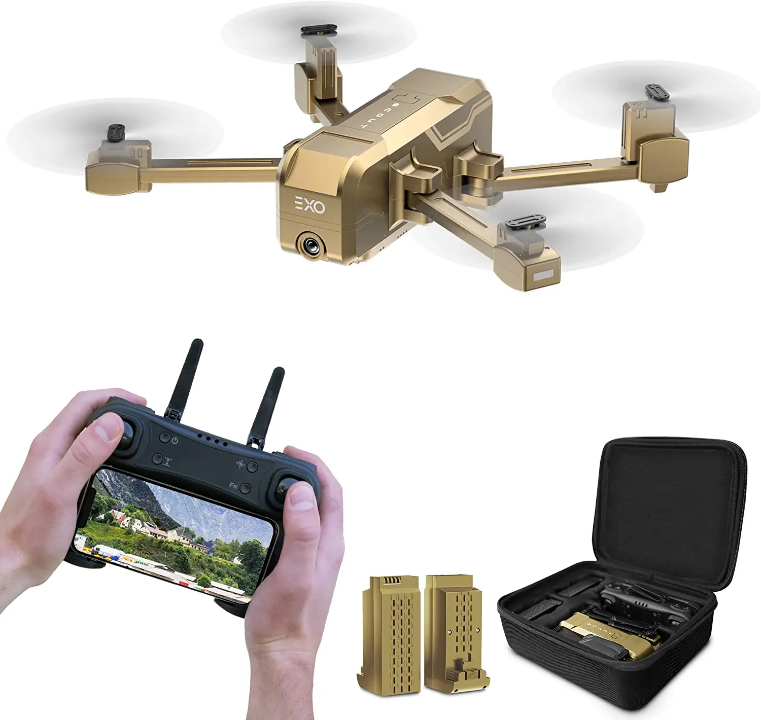 EXO Scout Drone - with Camera for Adults or Kids. Drone Kit with 2 Batteries, Free Carry Case. HD 1080p Video, 3 Speeds, Auto Take-Off/Land, Intelligent AI Modes Professional Camera Drone