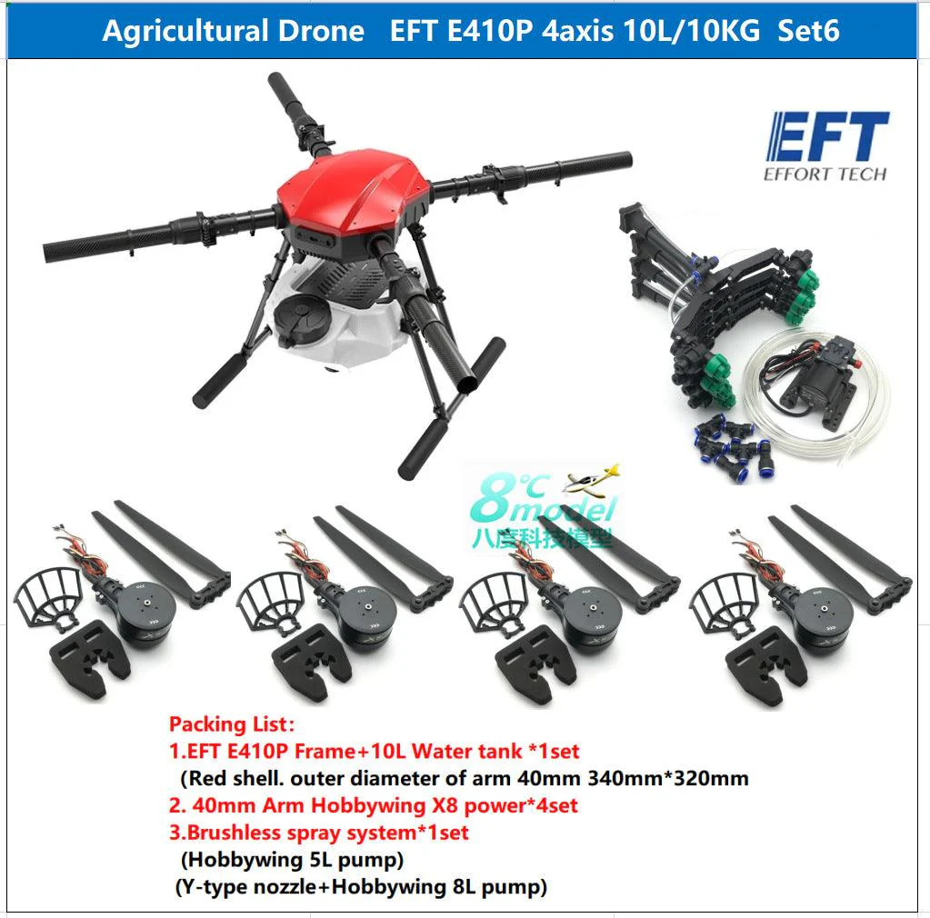 EFT E410P 10L Agriculture Drone - 4 Axis Agriculture Drone frame  10L Water Tank 30inch Propeller Compact With Hobbywing X8, JIYI K3A Pro,Skydroid H12