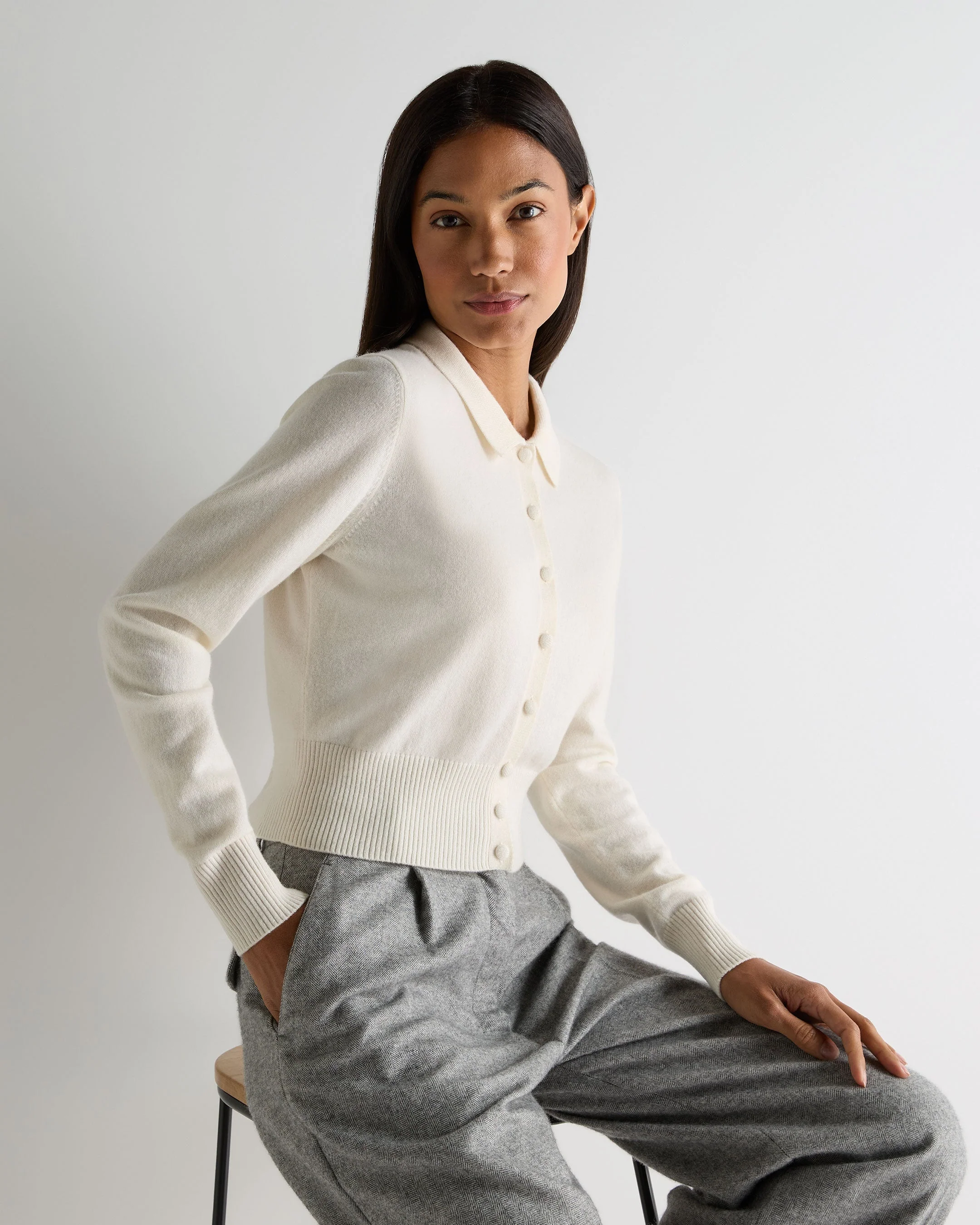 Women's Thea Collared Cashmere Cardigan New Ivory White