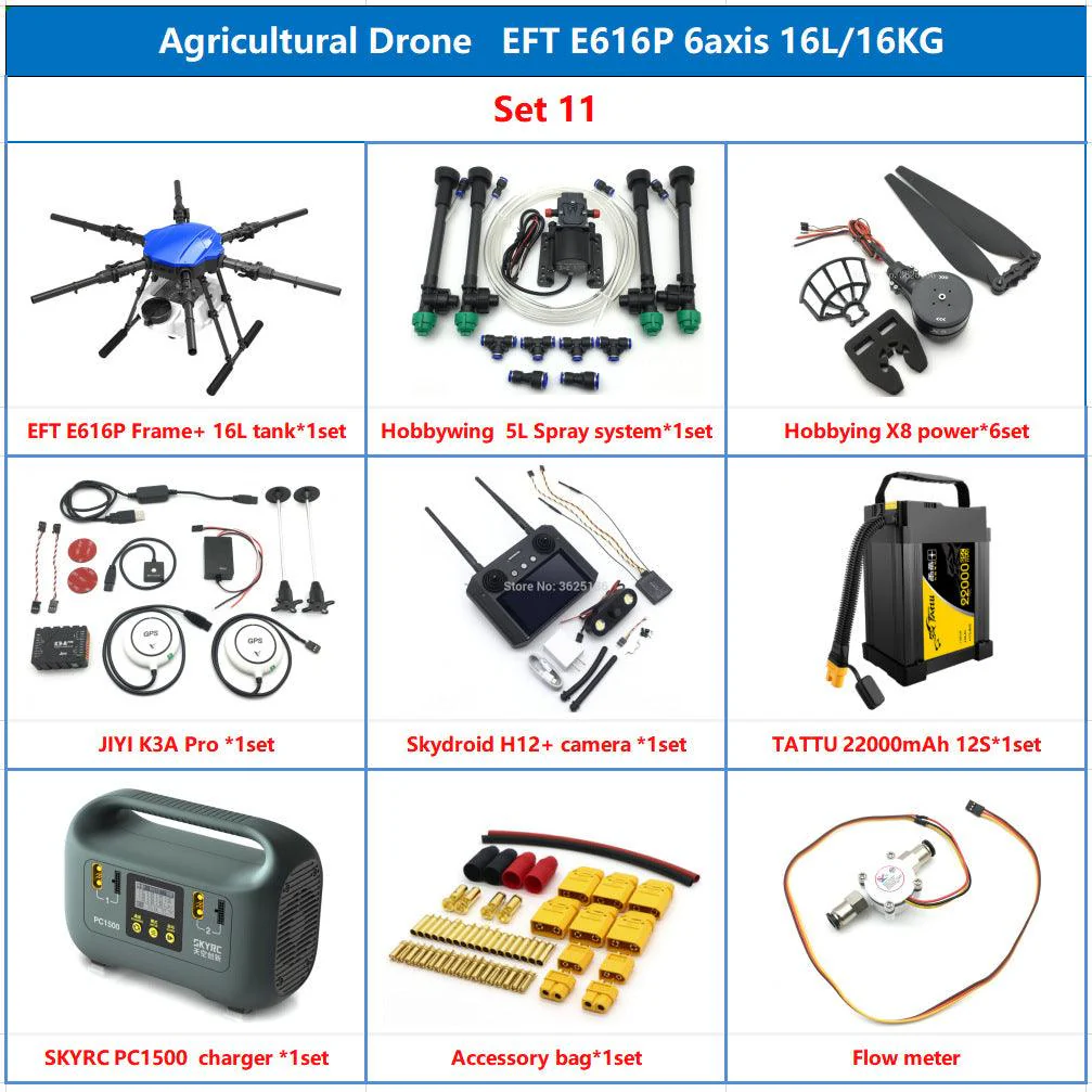 EFT E616P 16L Agriculture Drone - 6 Axis Drone Frame 16L Water Tank Spreader System Sprayer With Hobbywing X8 power, JIYI K++ V2, Skydroid H12, Tattu 12S 22000mAh Battery
