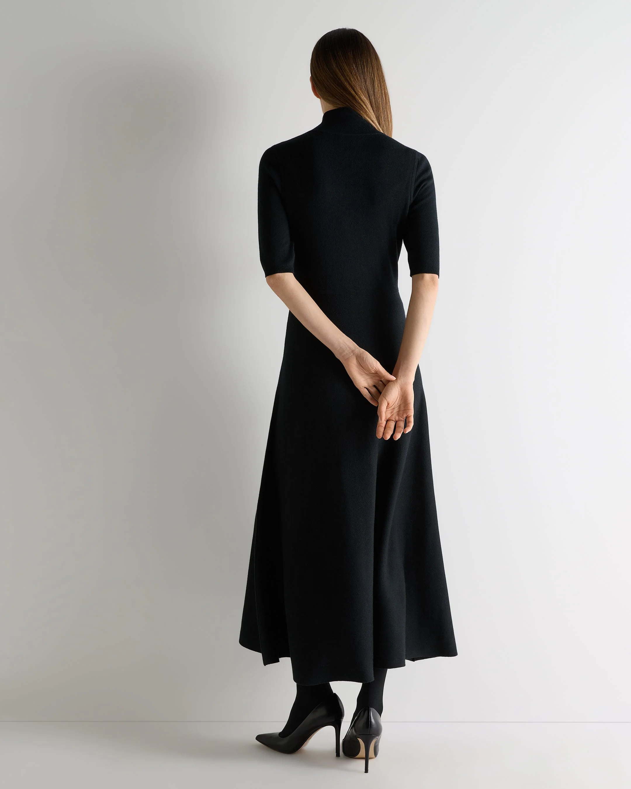 Women's Mock Neck Midi Cashmere Silk Dress Black