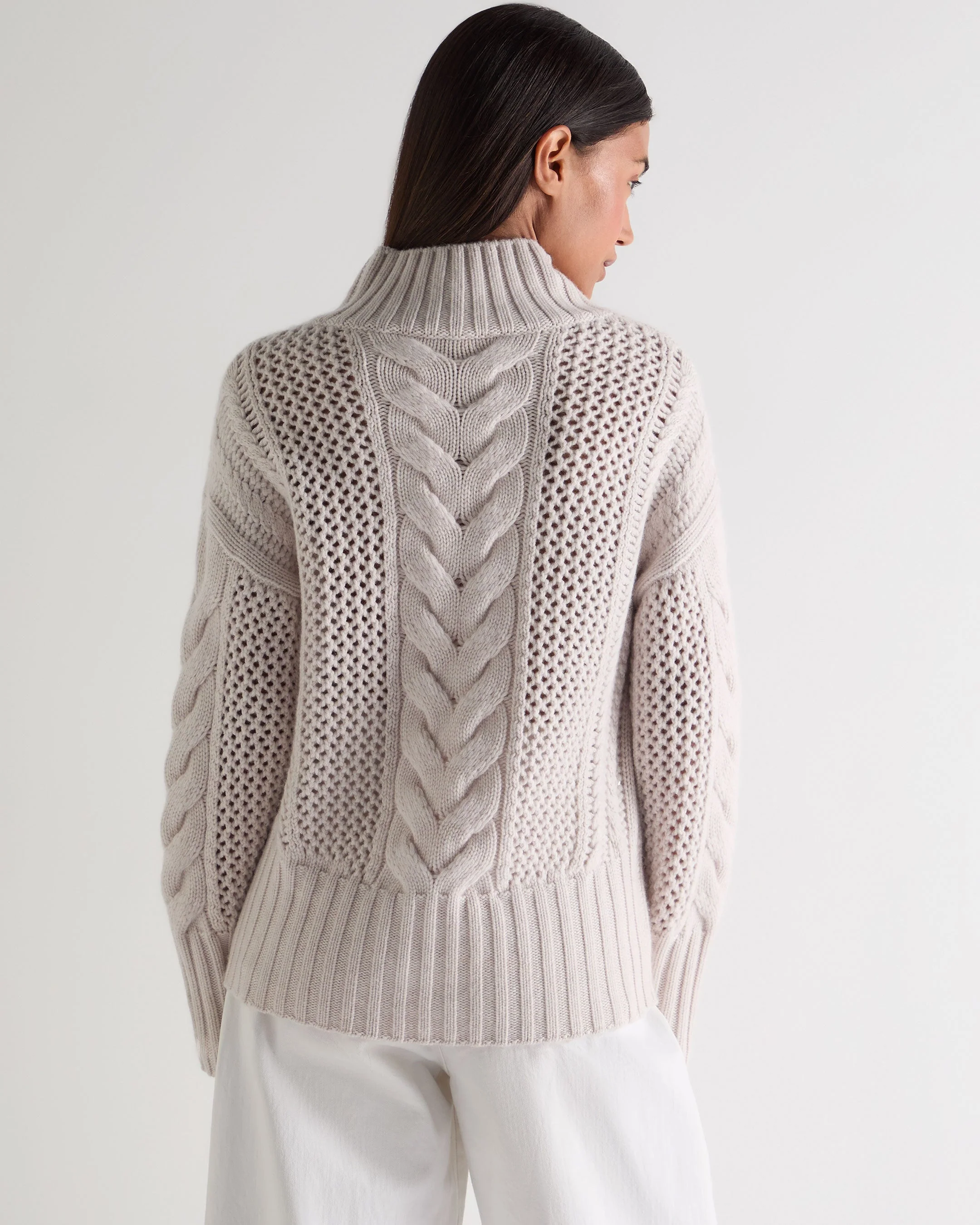 Women's Mock Neck Cable Cashmere Sweater Frost White