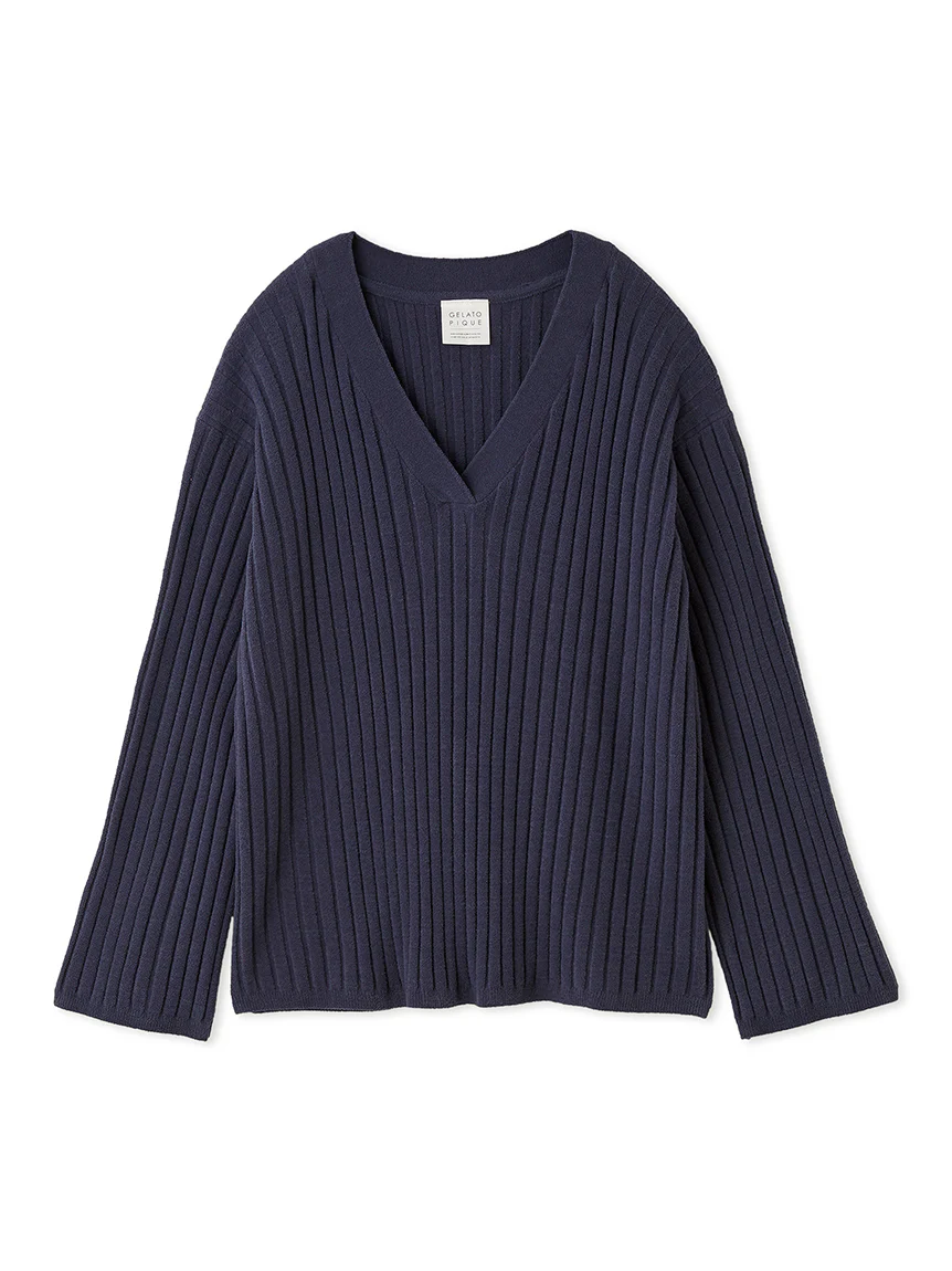 Airy Moco Ribbed V-neck Pullover