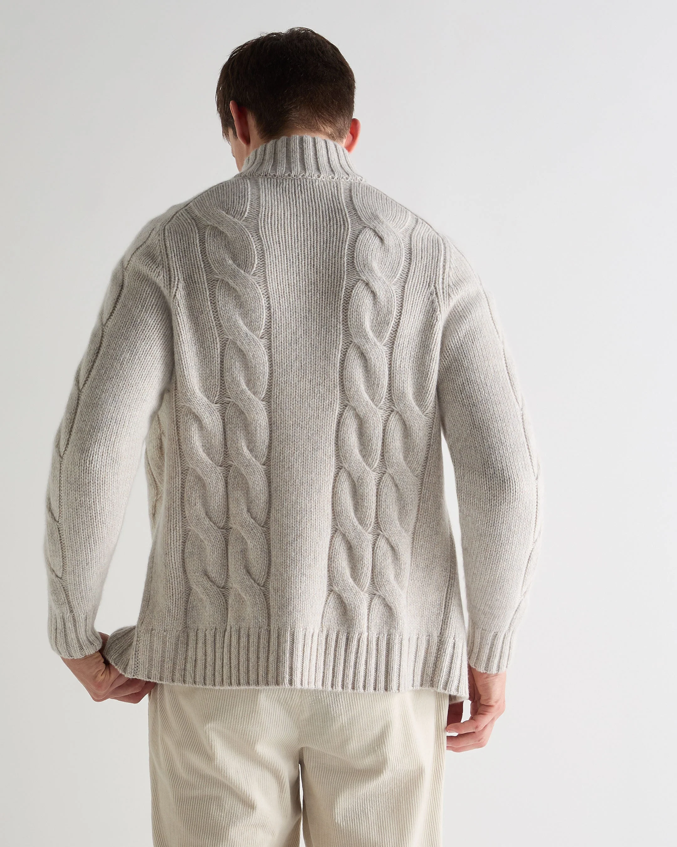 Men's Chunky Cable Full Zip Cashmere Jumper Ash Grey Marl