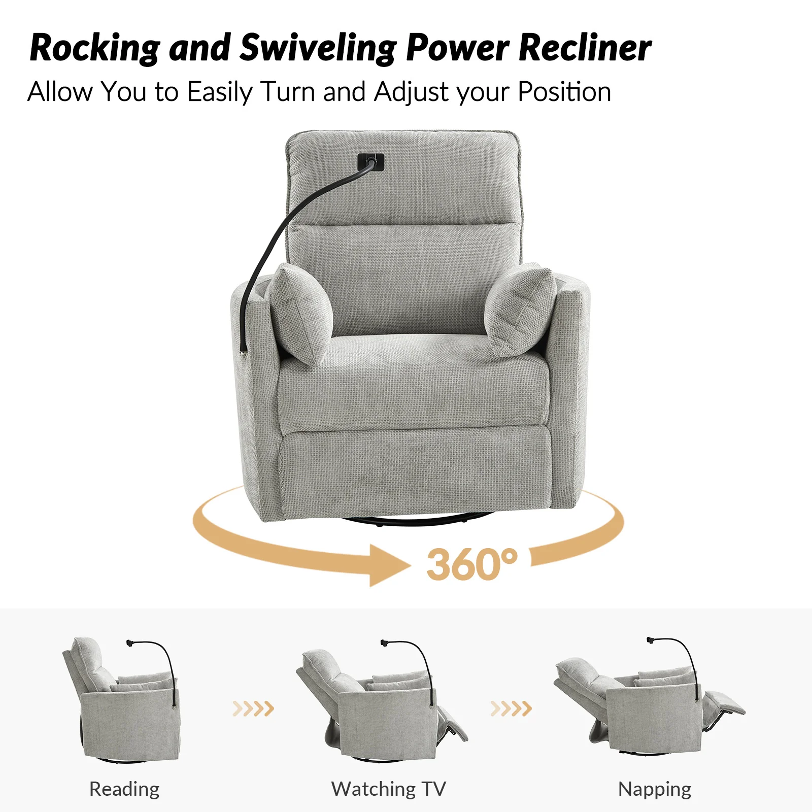 Archibald Power Rocking Swivel Nursery Recliner in Light Grey