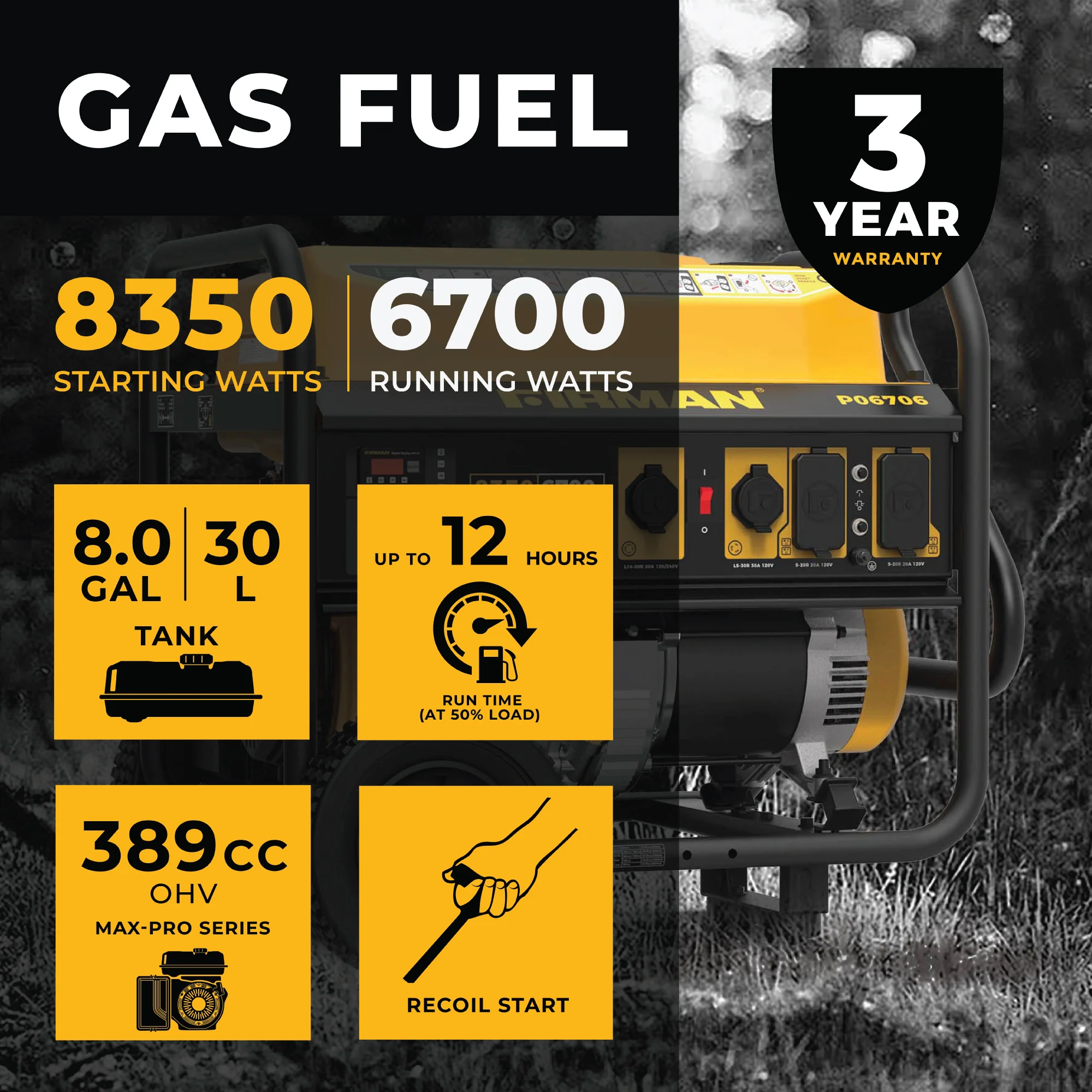 Gas Portable Generator 8350W Recoil Start 120/240V