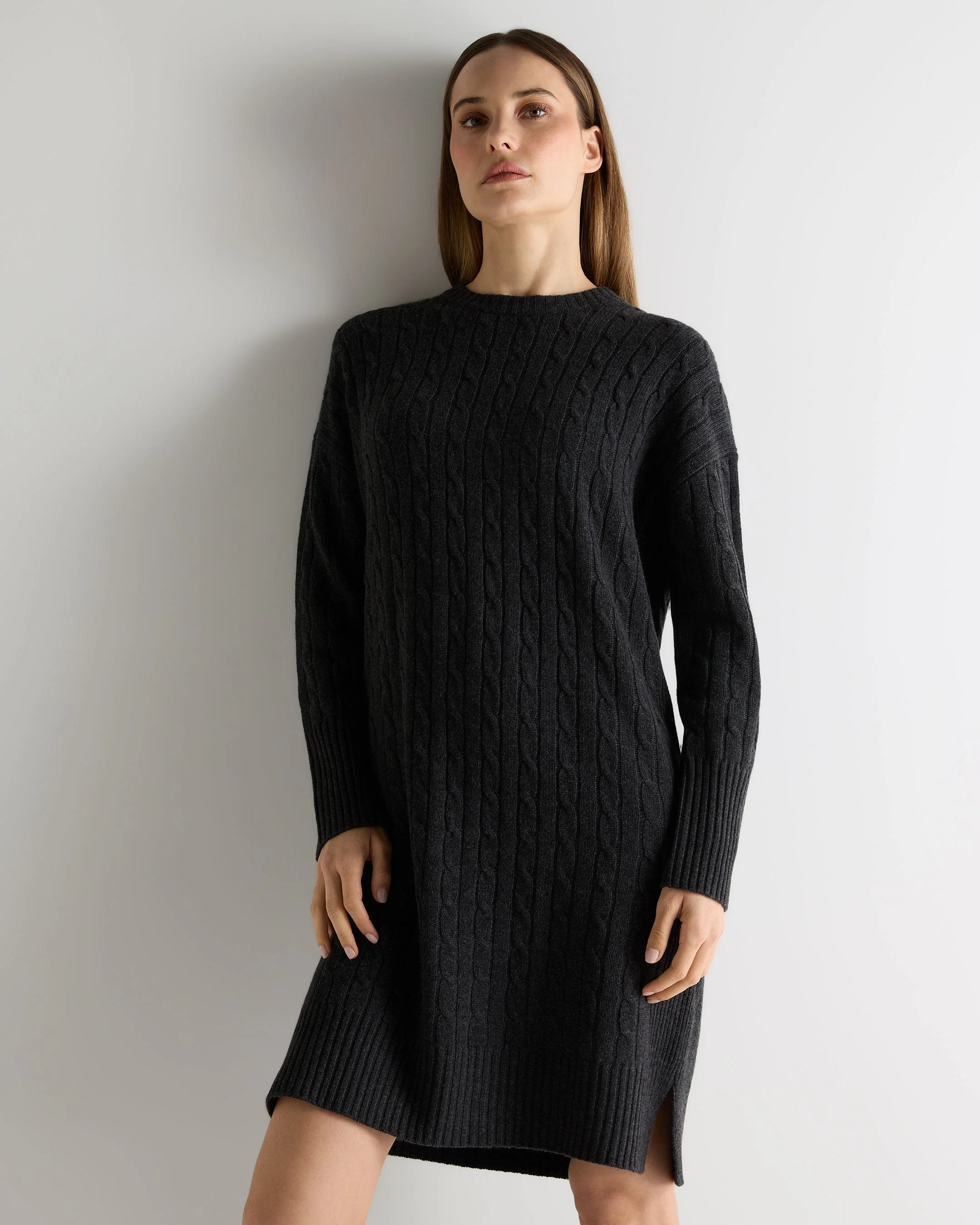 Women's Bella Round Neck Cable Cashmere Dress Deep Charcoal Grey