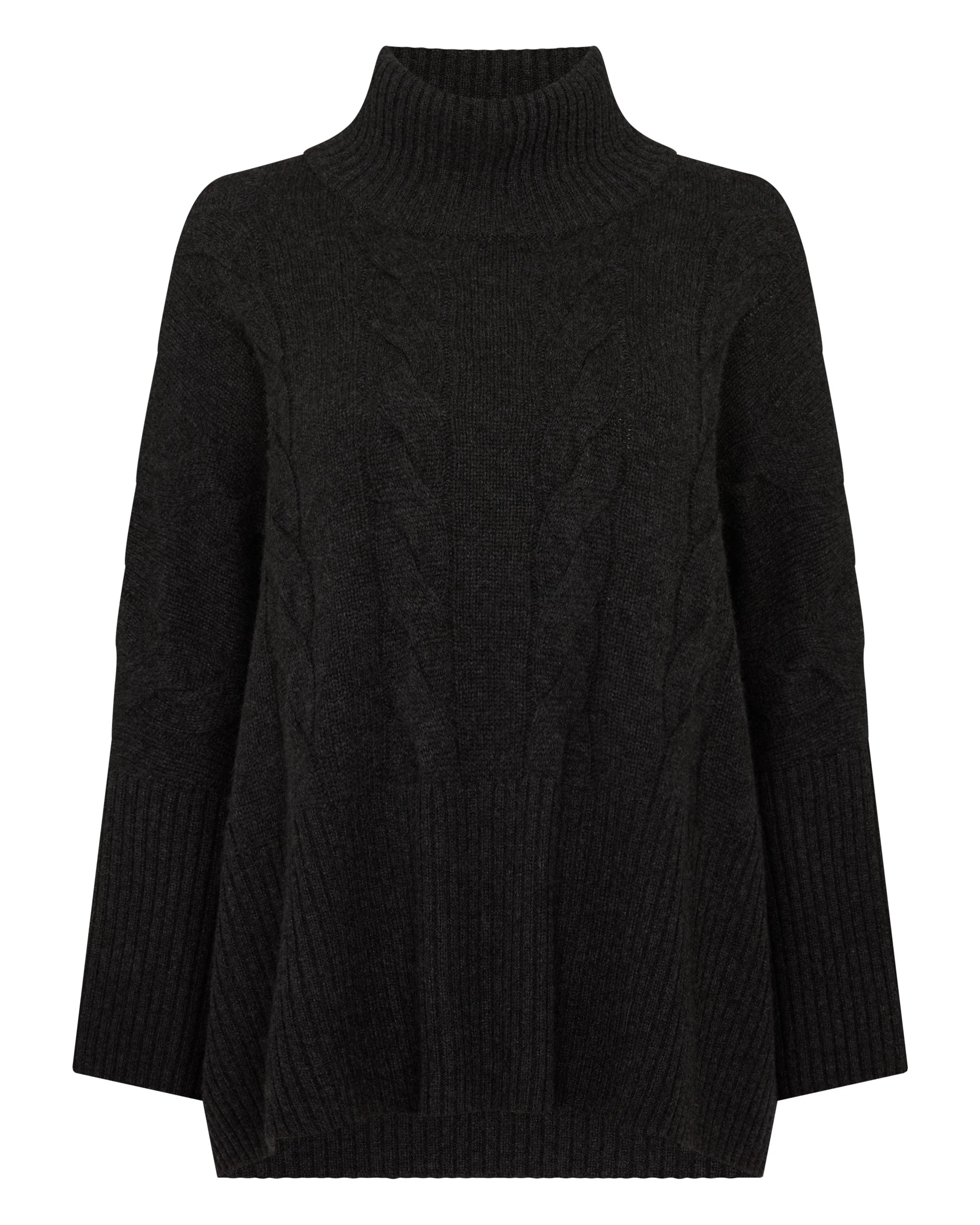 Women's Oversized Cable Cashmere Sweater Deep Charcoal Grey