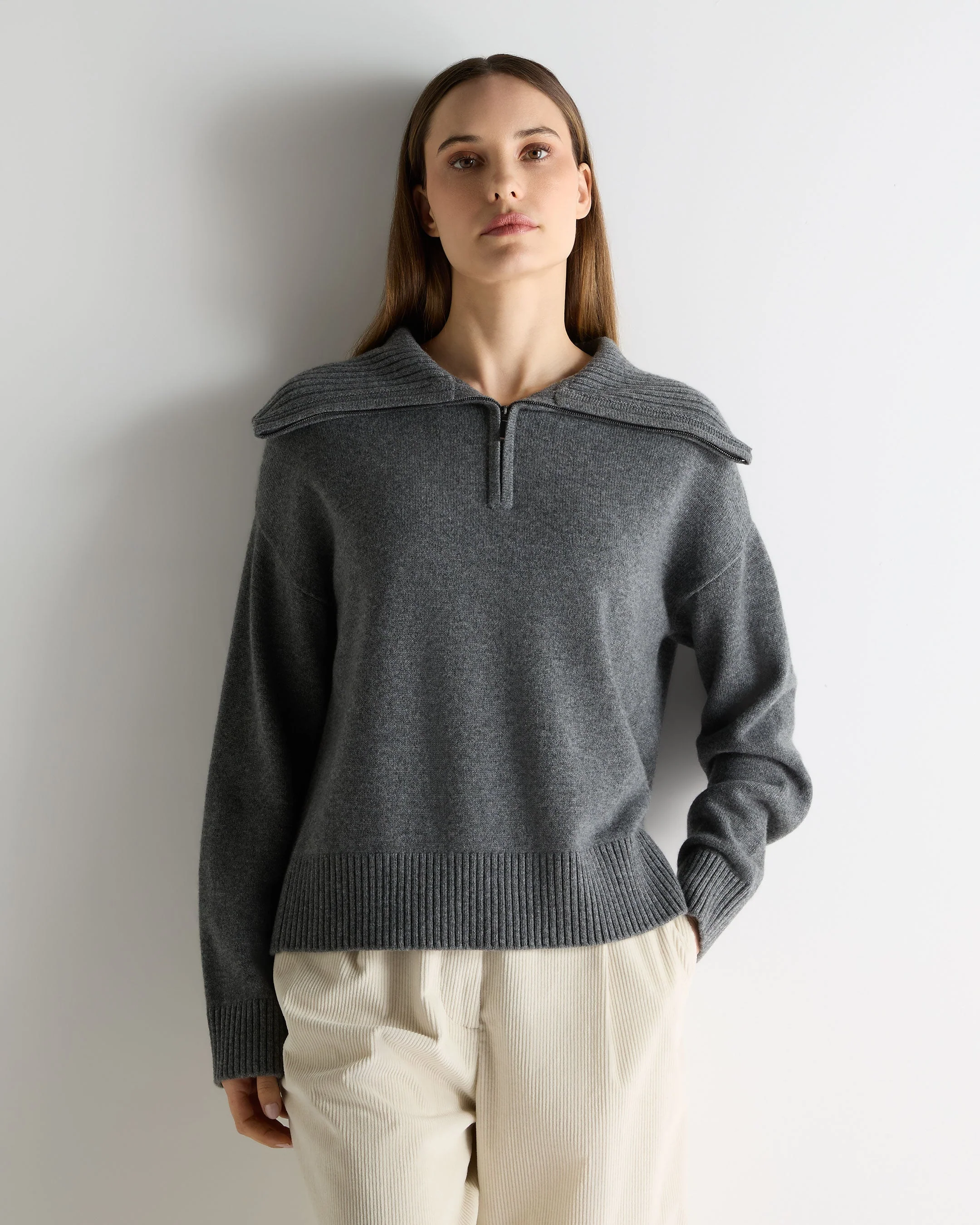 Women's Cashmere Half Zip Cashmere Jumper Elephant Grey