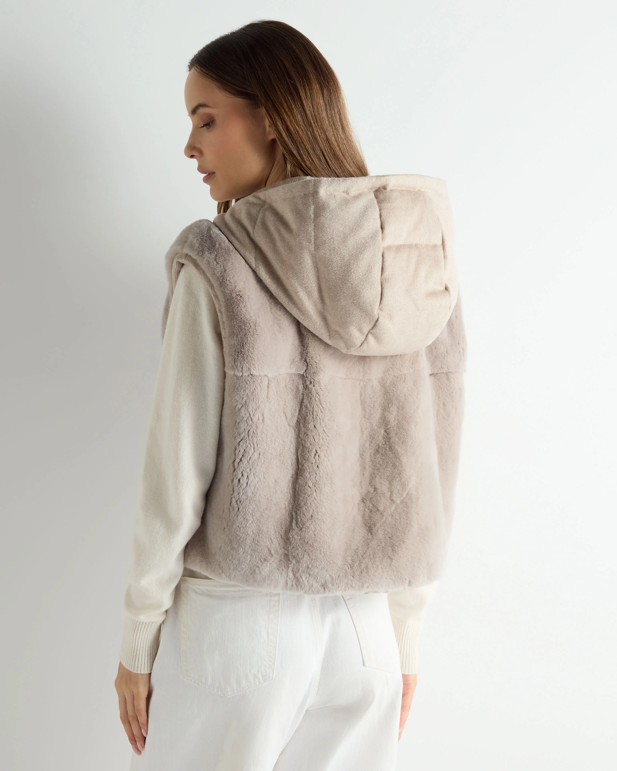 Women's Rex Fur Hooded Gilet Beige Brown