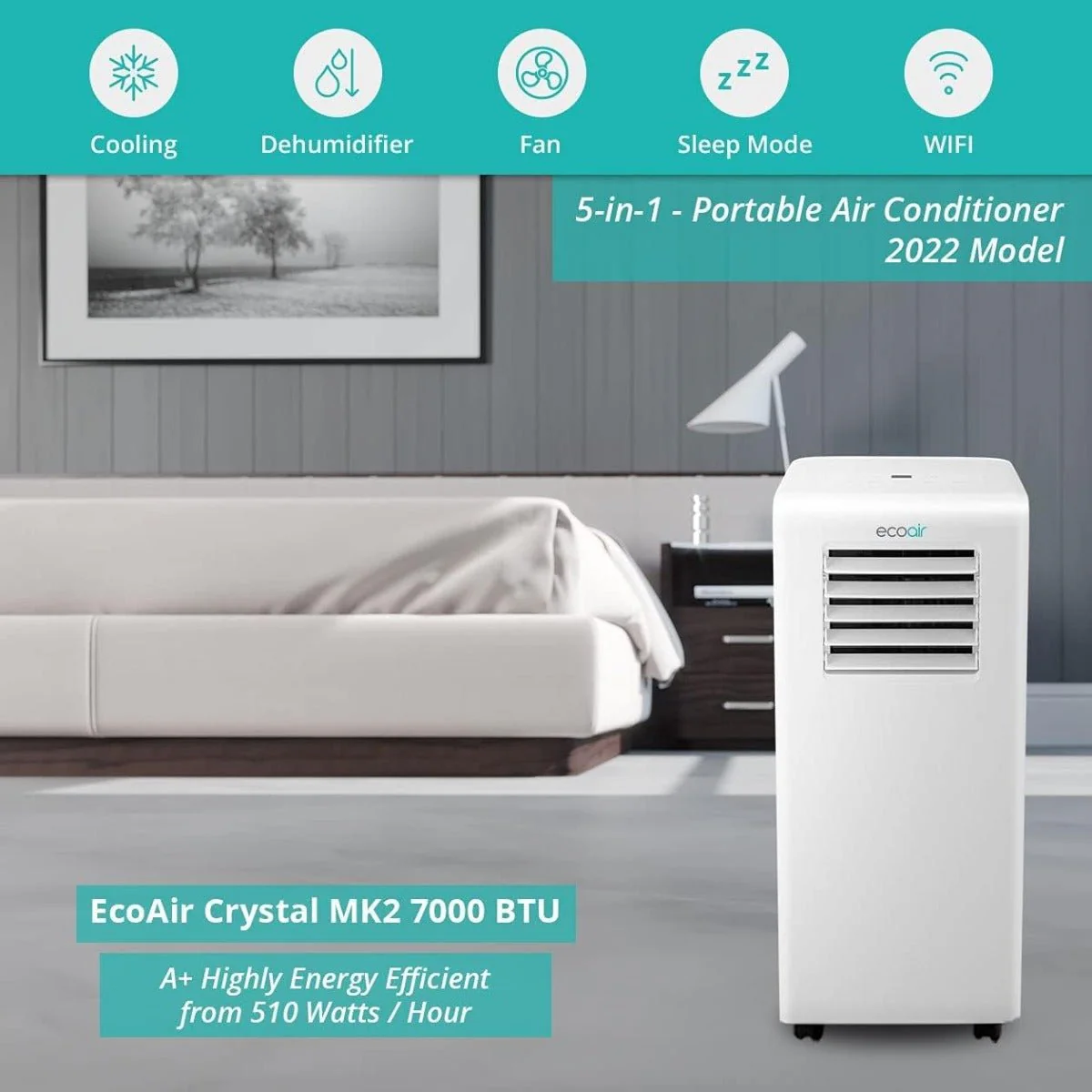 EcoAir 220 volts portable AC Air conditioner with dehumidifier and purifier filter 7000 BTU with Smart App and Remote control Energy saving Class A+ with window seal