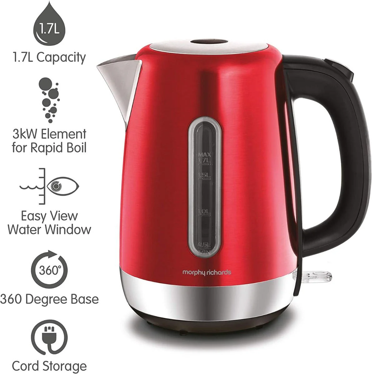 Morphy Richards 220 volts kettle Metallic Red 3000 Watts 1.7 liter Stainless Steel Jug Kettle 220v 240 volt