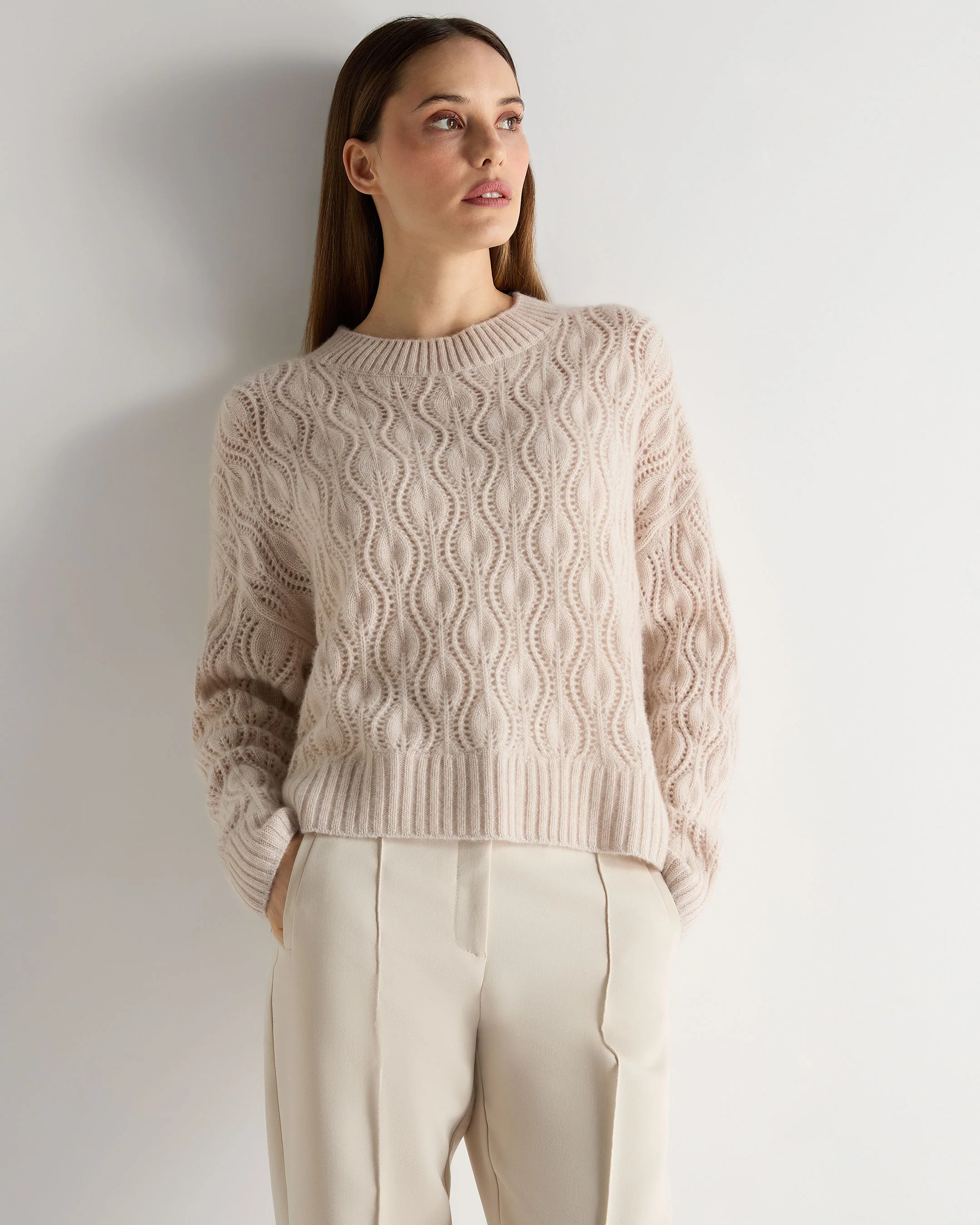 Women's Chunky Lace Stitch Cashmere Sweater Ecru White