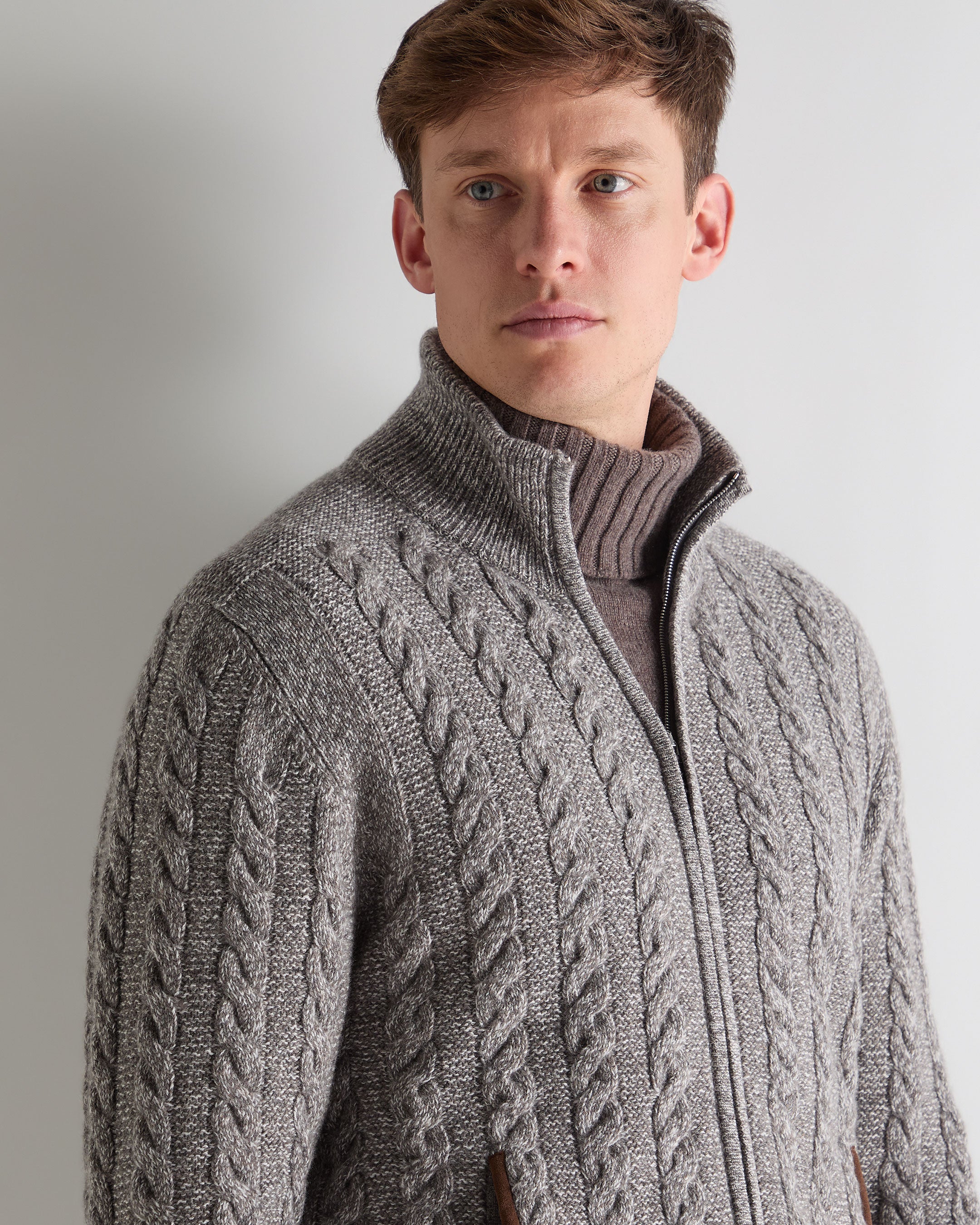 Men's Richmond Cable Cashmere Cardigan Soft Truffle Brown Marl