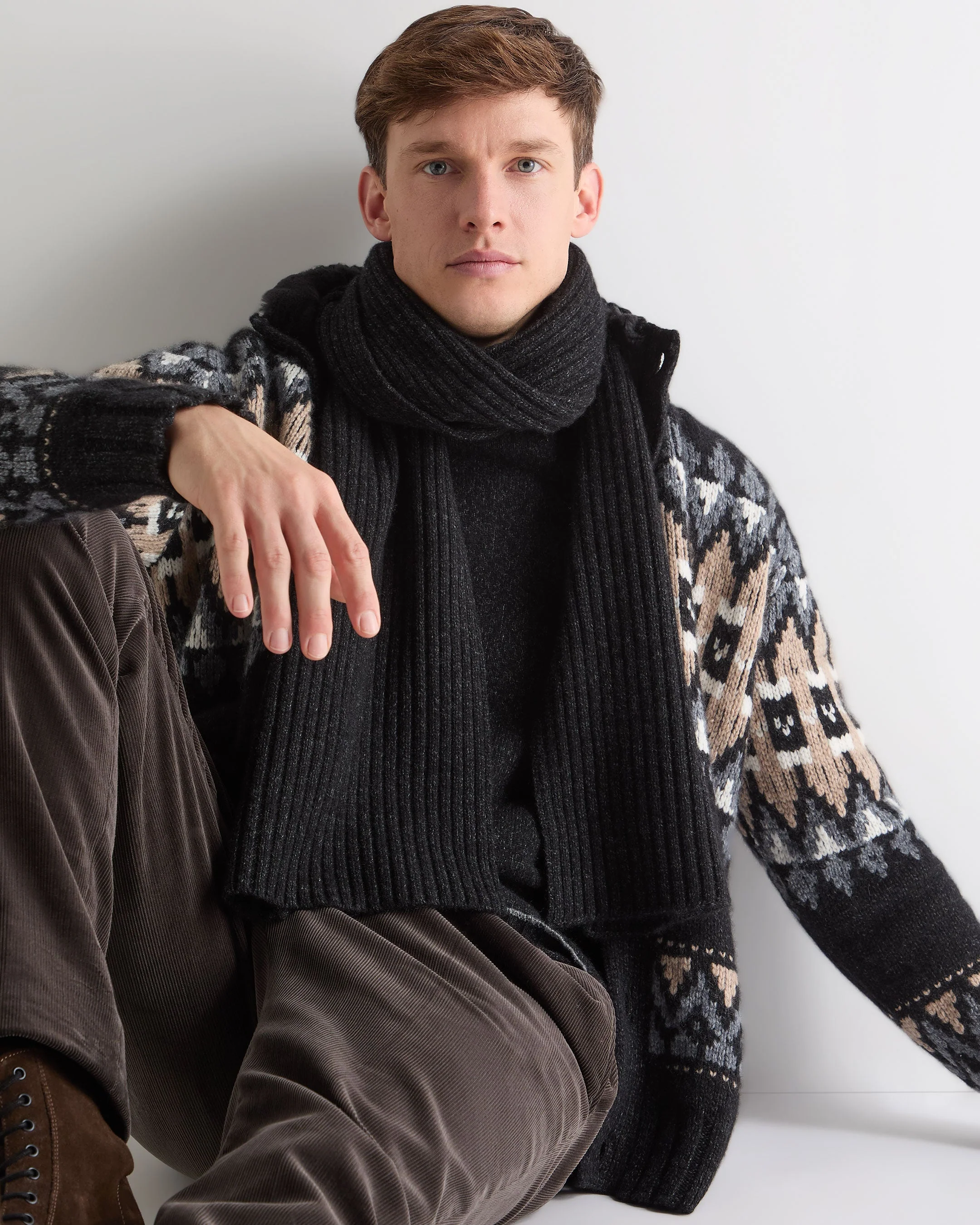 Unisex Chunky Rib Cashmere Scarf Charcoal Grey Melange