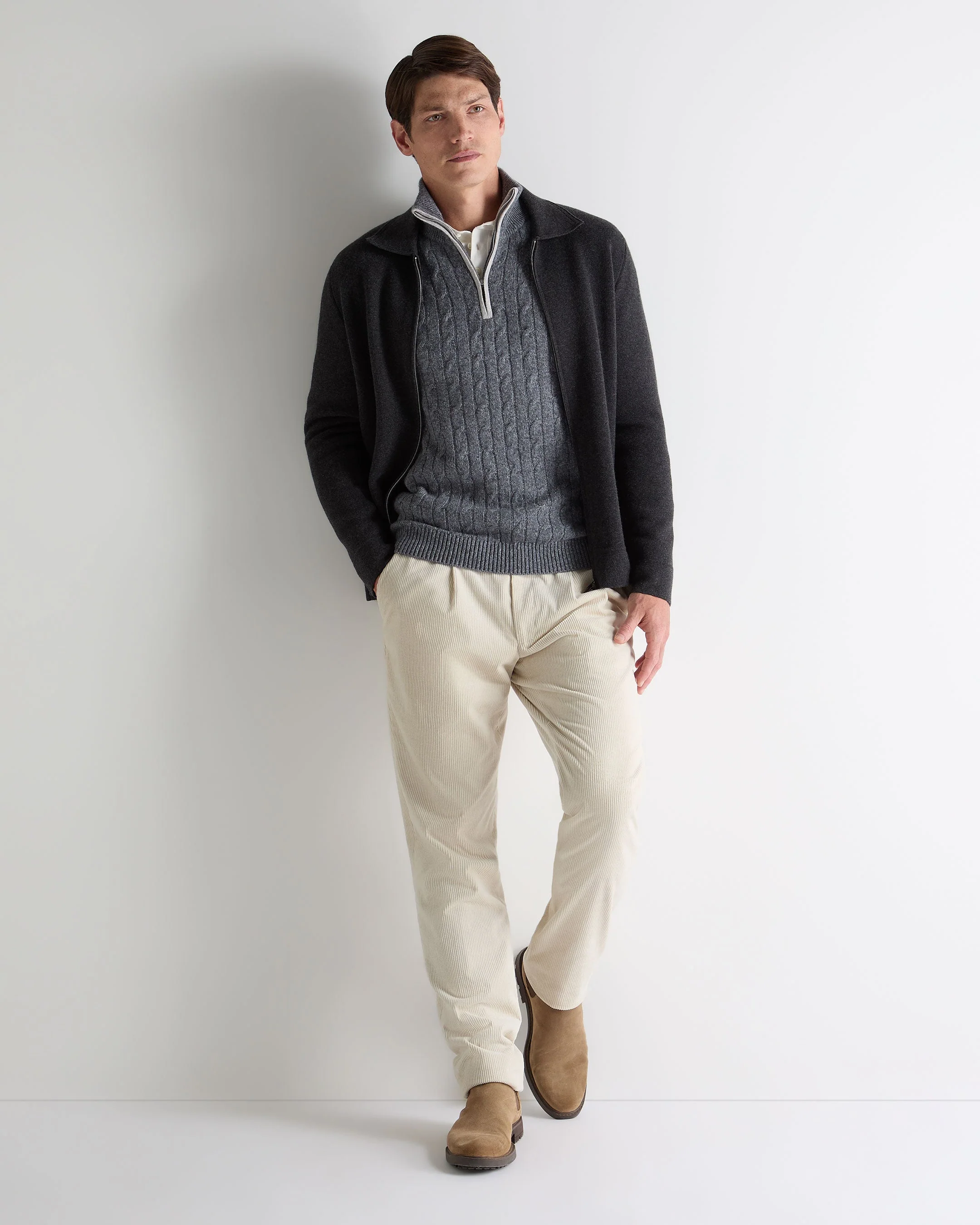 Men's Albemarle Cable Half Zip Cashmere Jumper Grey Melange