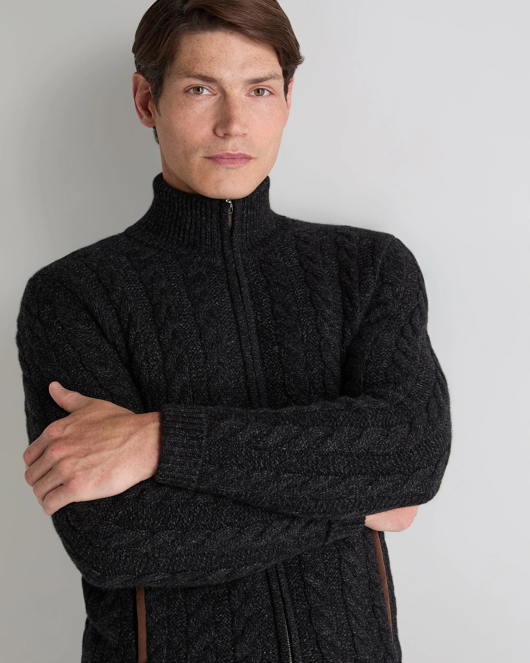 Men's Richmond Cable Cashmere Cardigan Charcoal Grey Melange