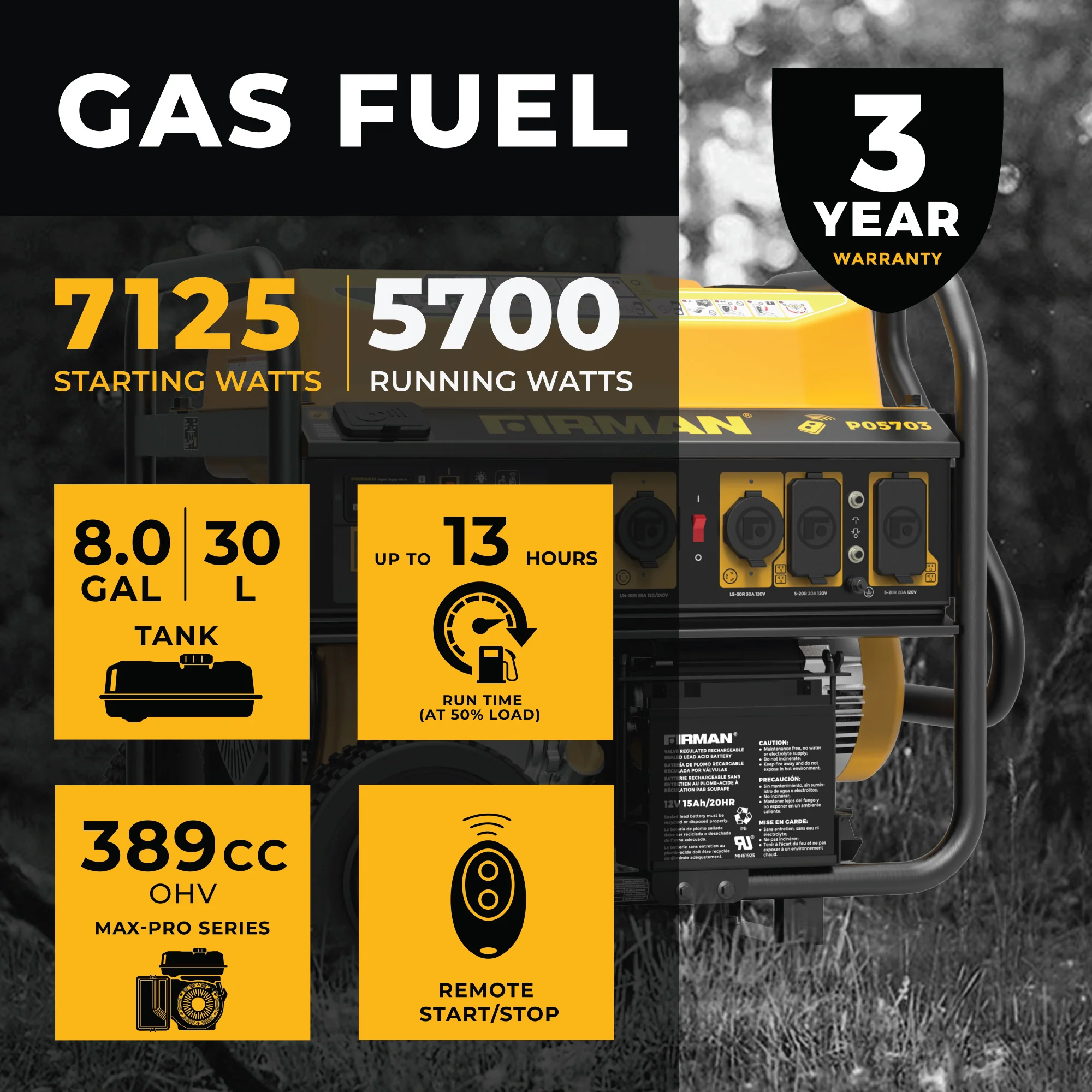 Gas Portable Generator 7125W Remote Start 120/240V