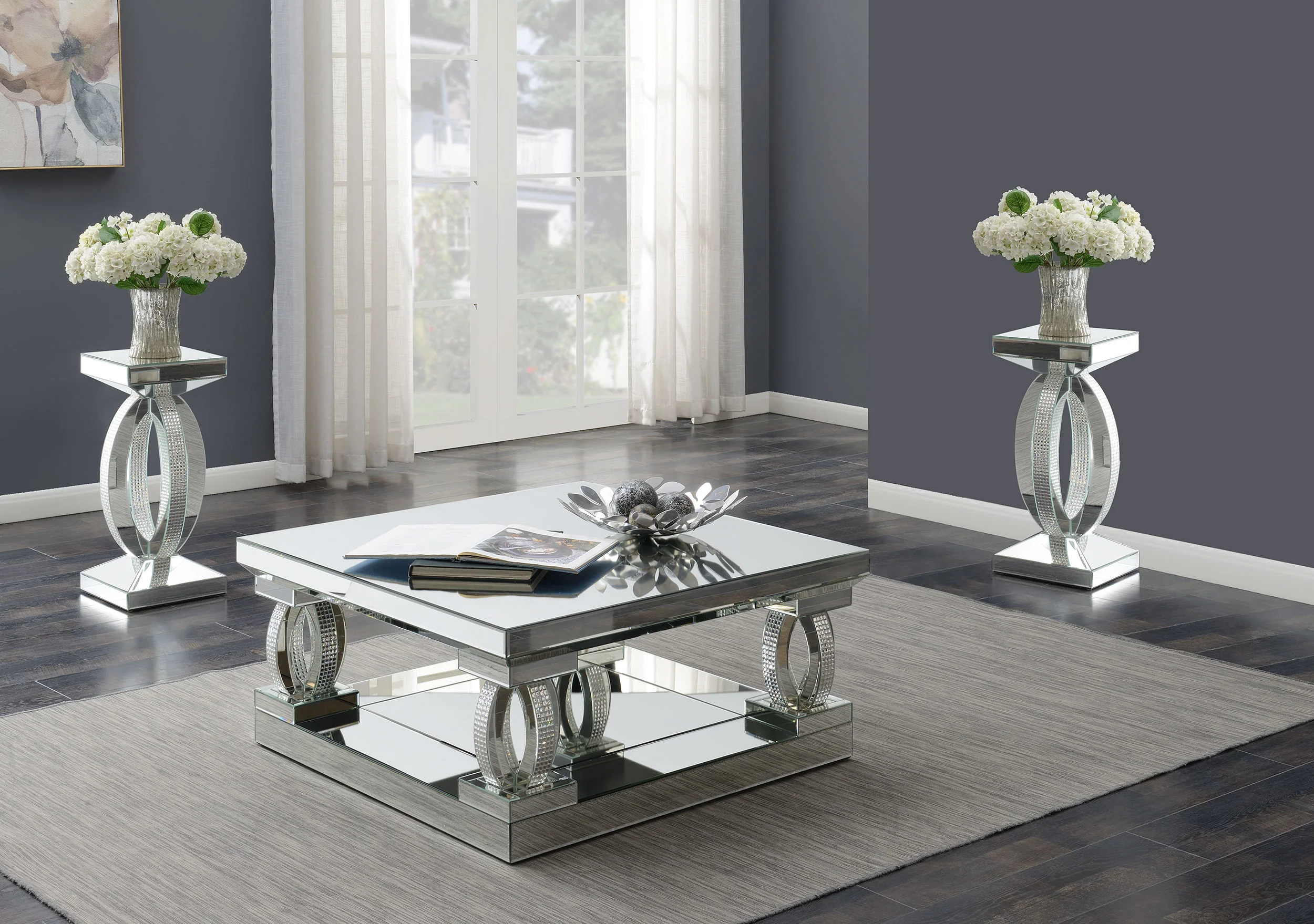 Amalia  Mirrored Coffee and End Table Set Silver