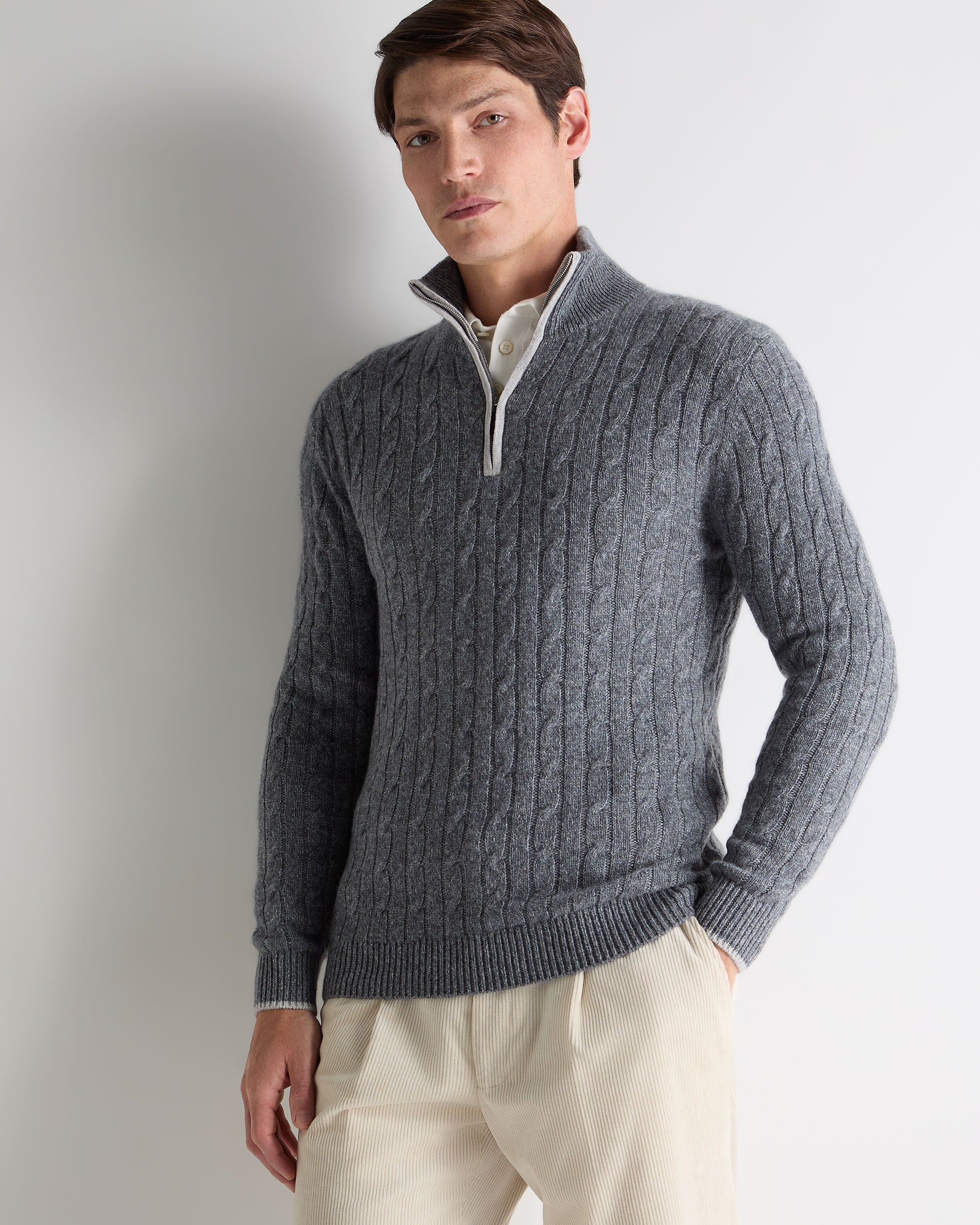 Men's Albemarle Cable Half Zip Cashmere Jumper Grey Melange