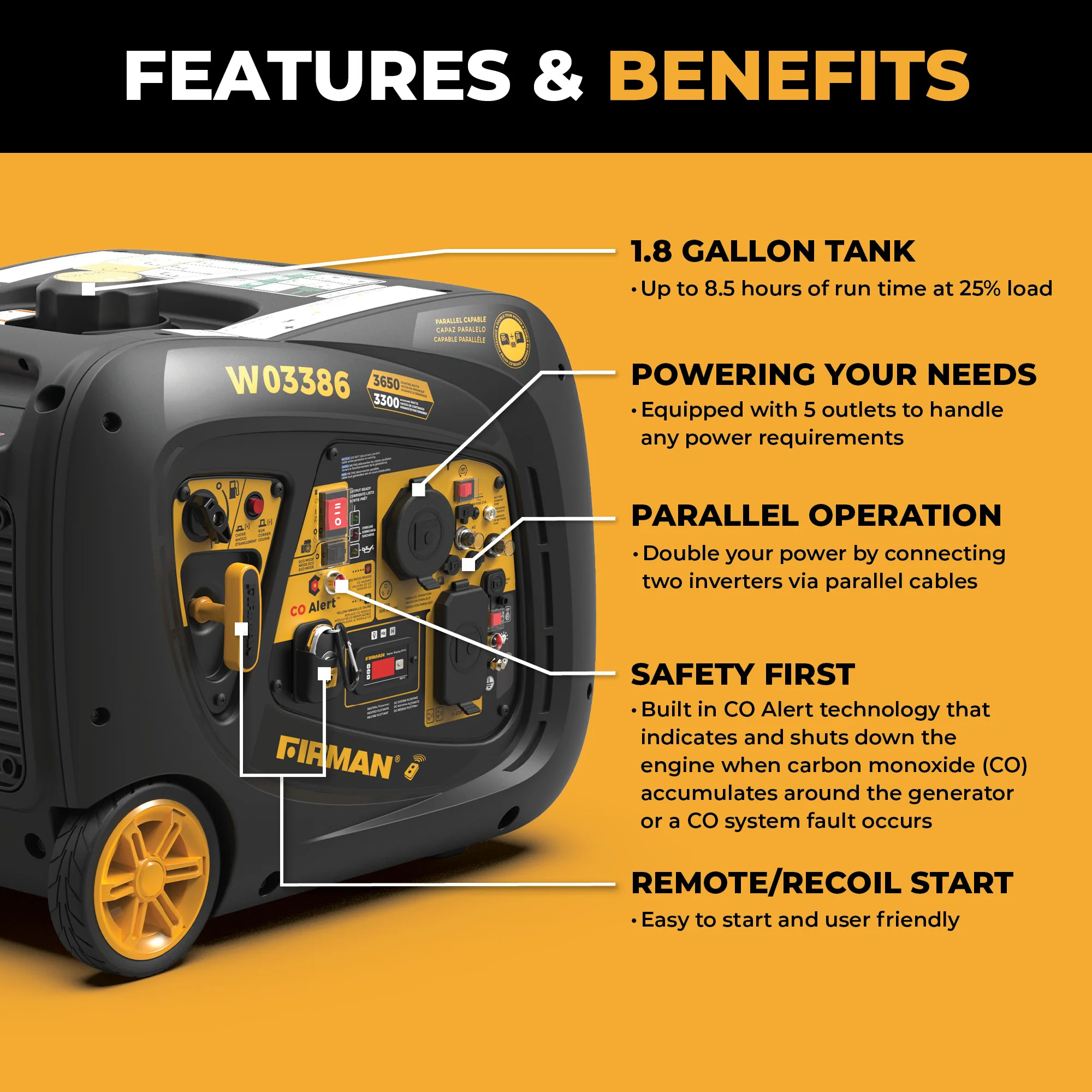 Inverter Portable Generator 4125W Remote Start with CO ALERT
