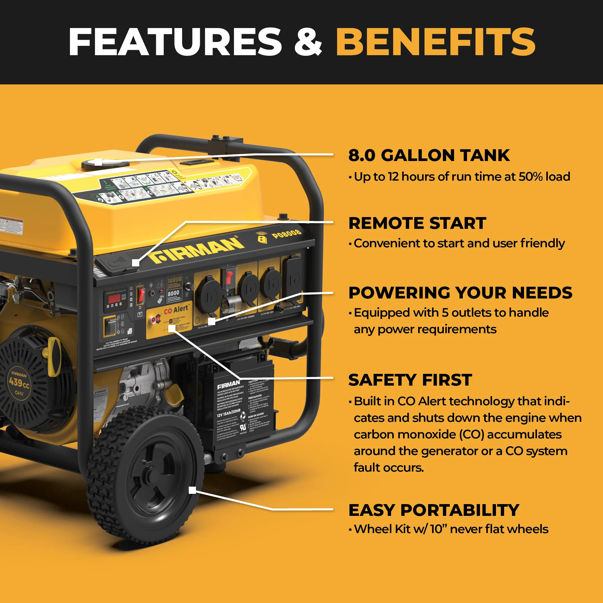 Gas Portable Generator 10000W Remote Start 120/240V with CO Alert