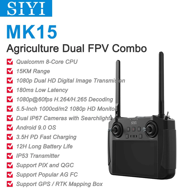 CUAV SIYI MK15 Mini HD Handheld Radio System Transmitter - Remote Control 5.5-Inch Monitor 1080p 60fps 180ms FPV 15KM FCC CE