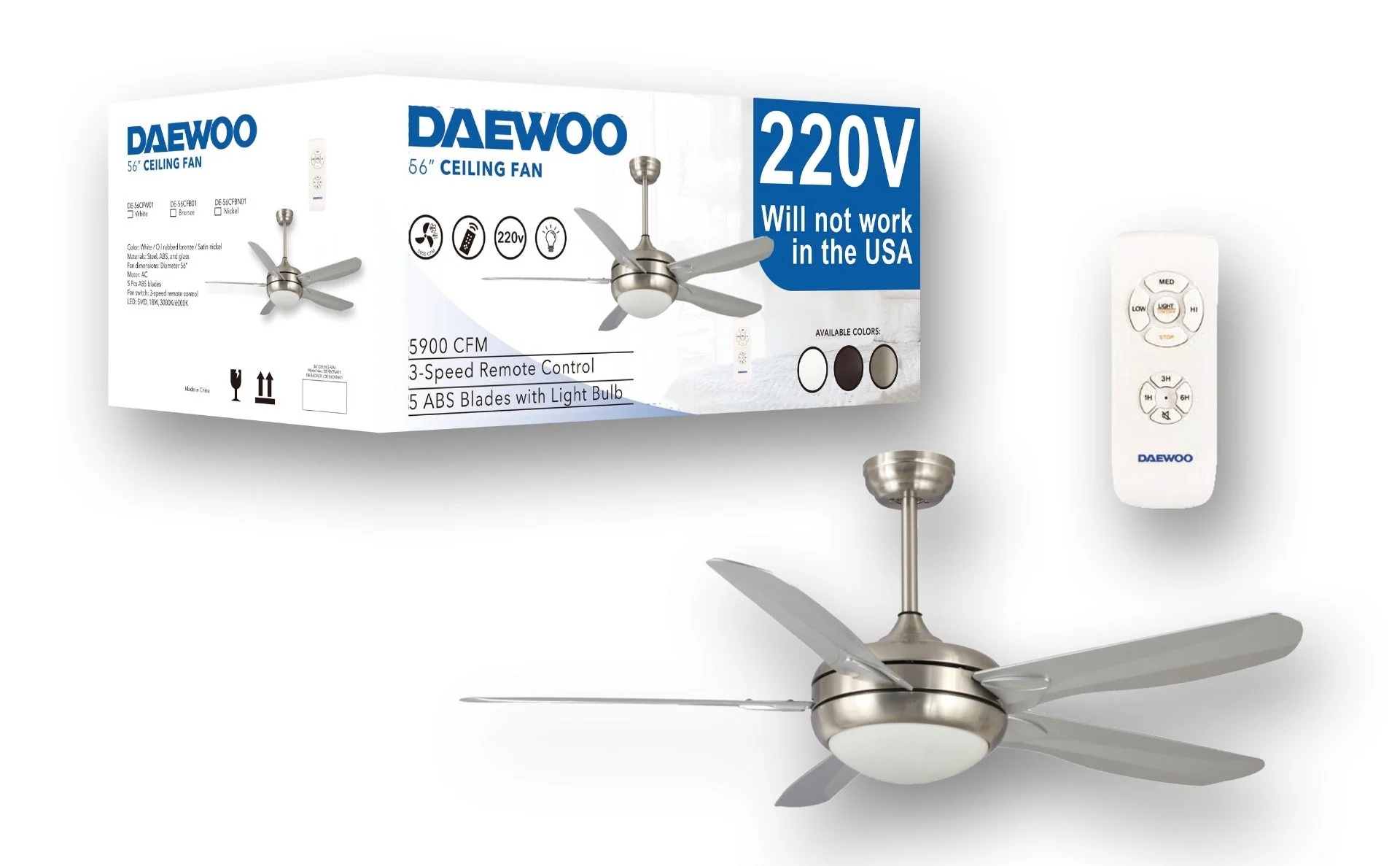 Daewoo 220 volt ceiling fan Nickel with LED light remote 5 blades 220v 240 volts 50 hz DE-56CFB01