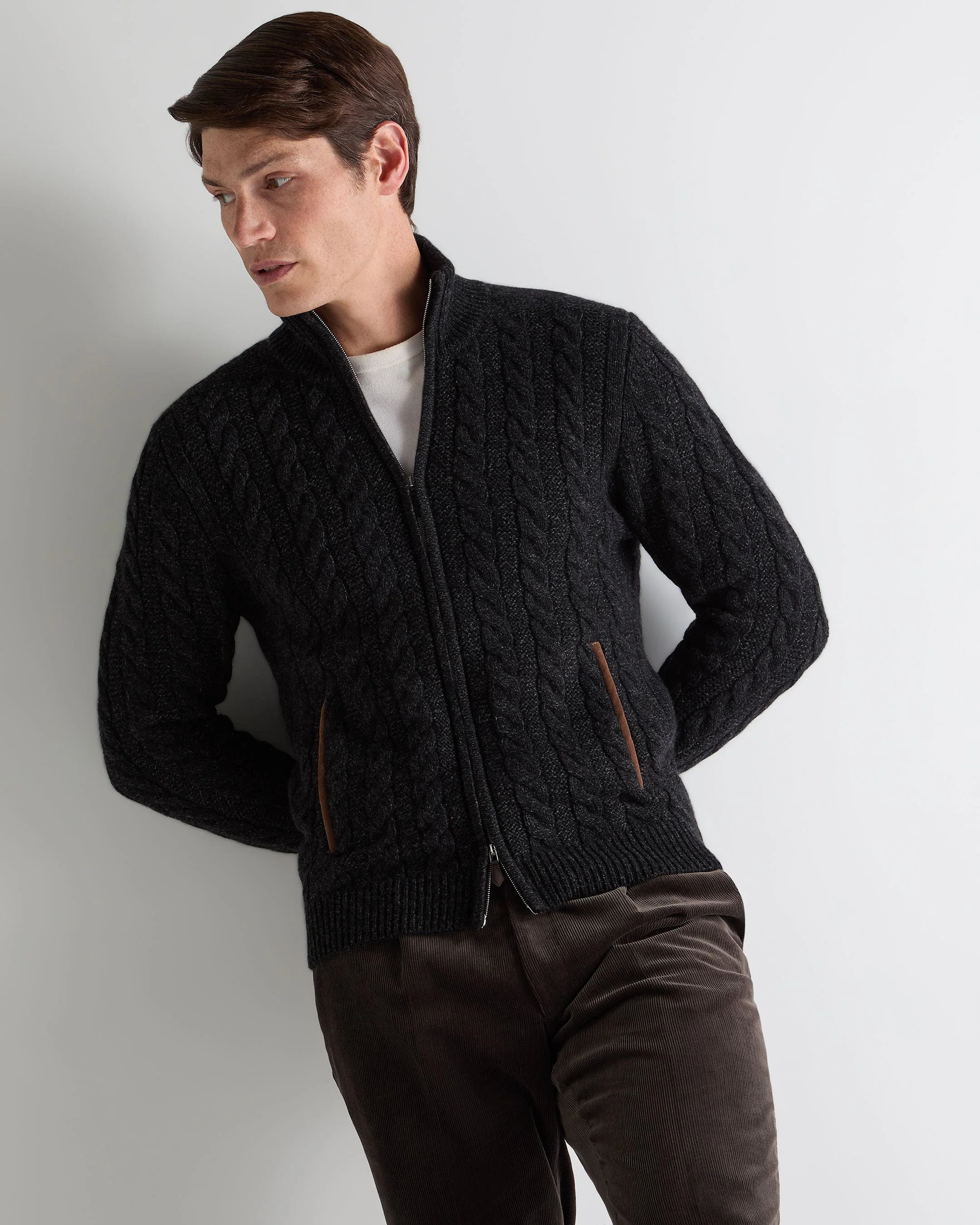 Men's Richmond Cable Cashmere Cardigan Charcoal Grey Melange
