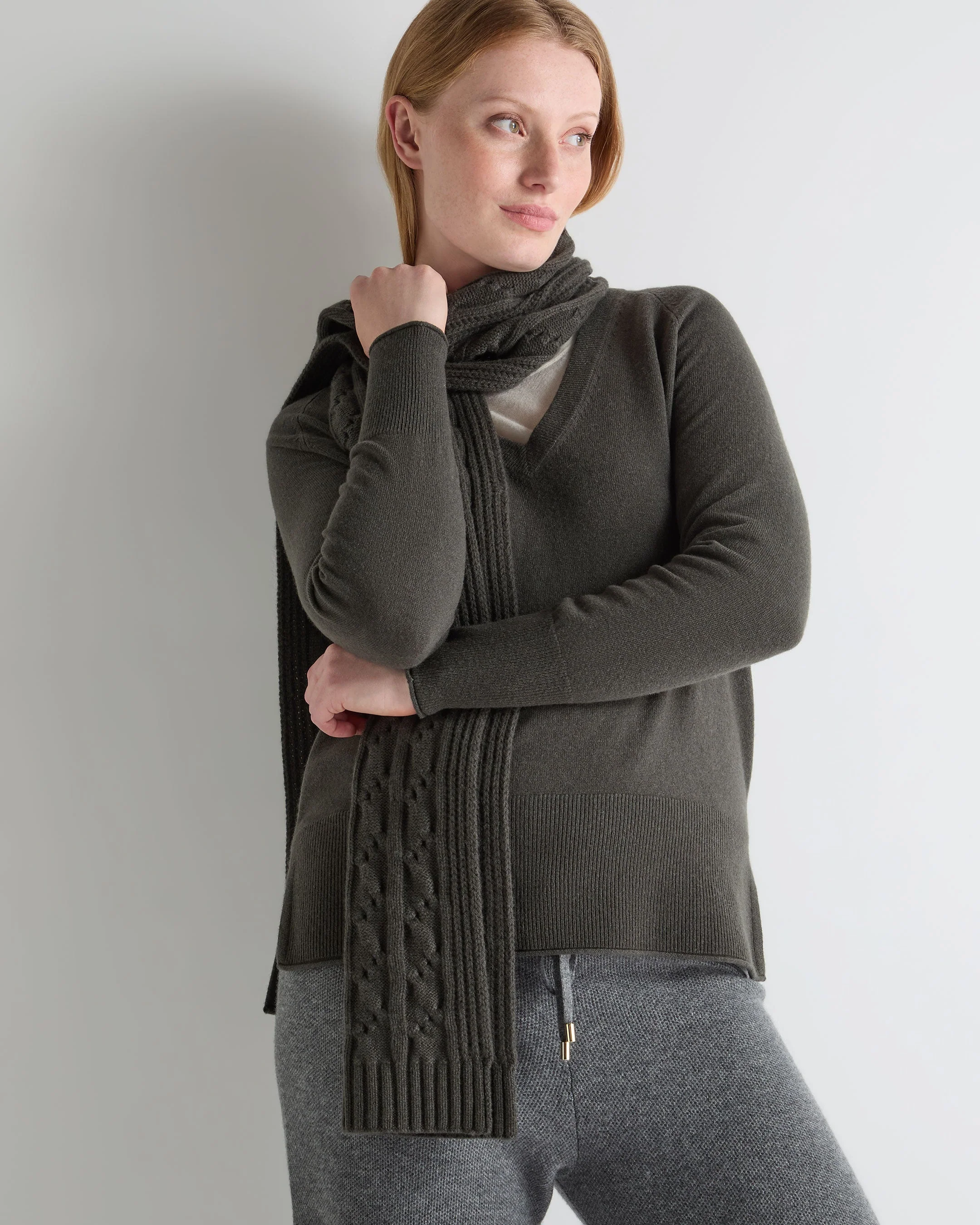 Unisex Cable Rib Cashmere Scarf Arabica Khaki Green