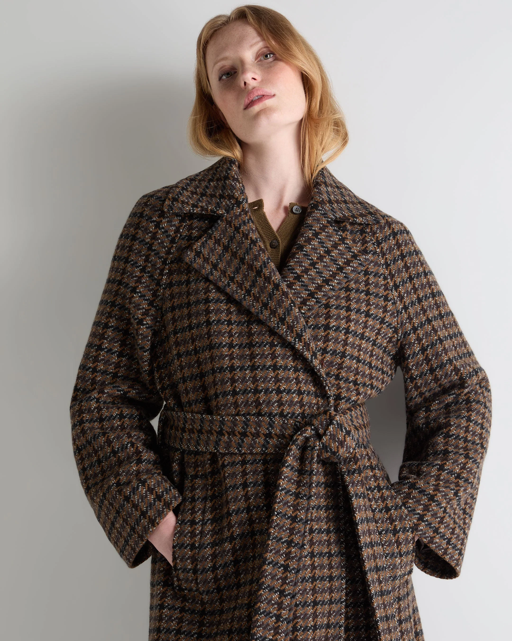 Women's Dogtooth Fur Trim Coat Brown