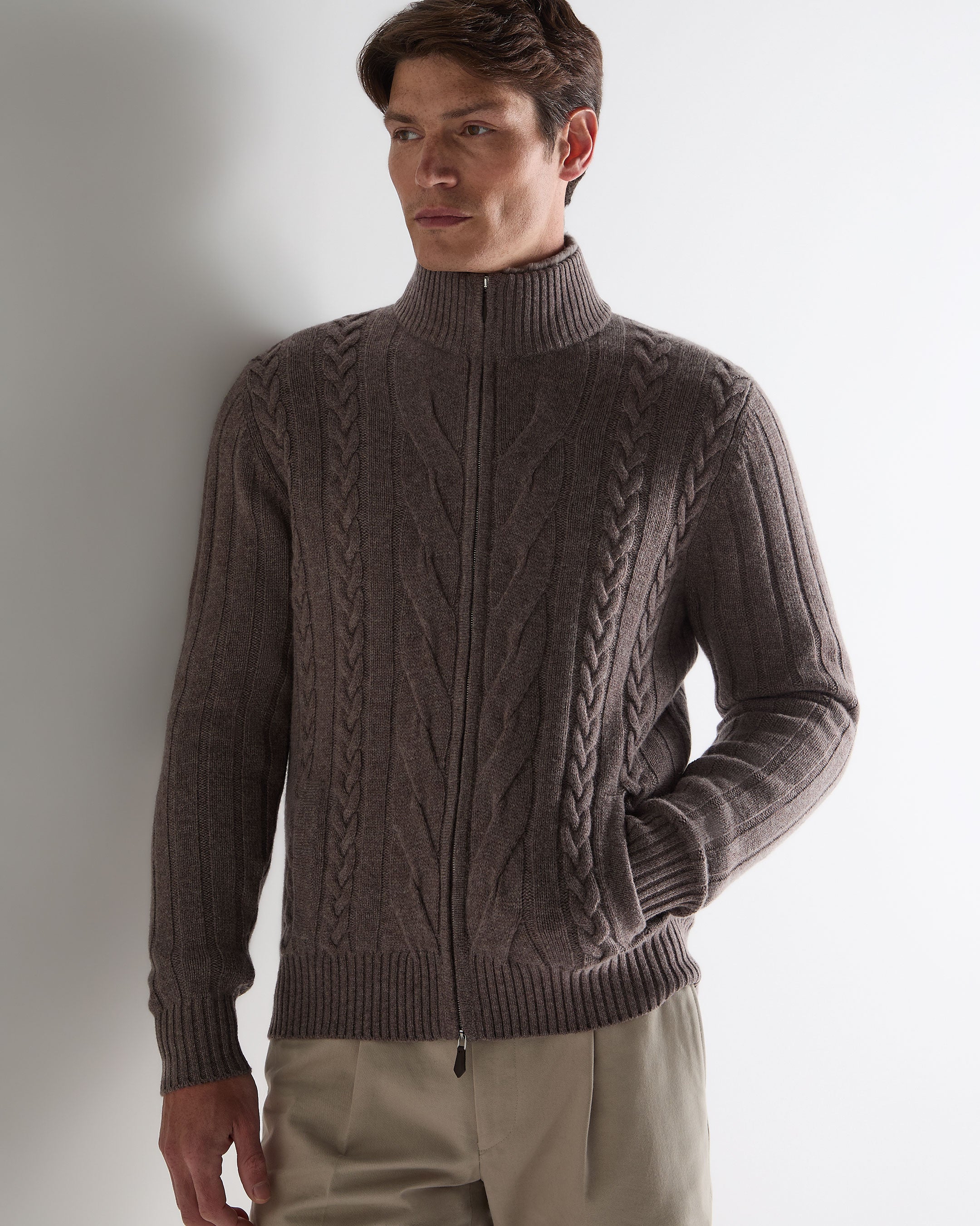 Men's Colorado Cable Fur Trim Cashmere Jacket Otter Brown