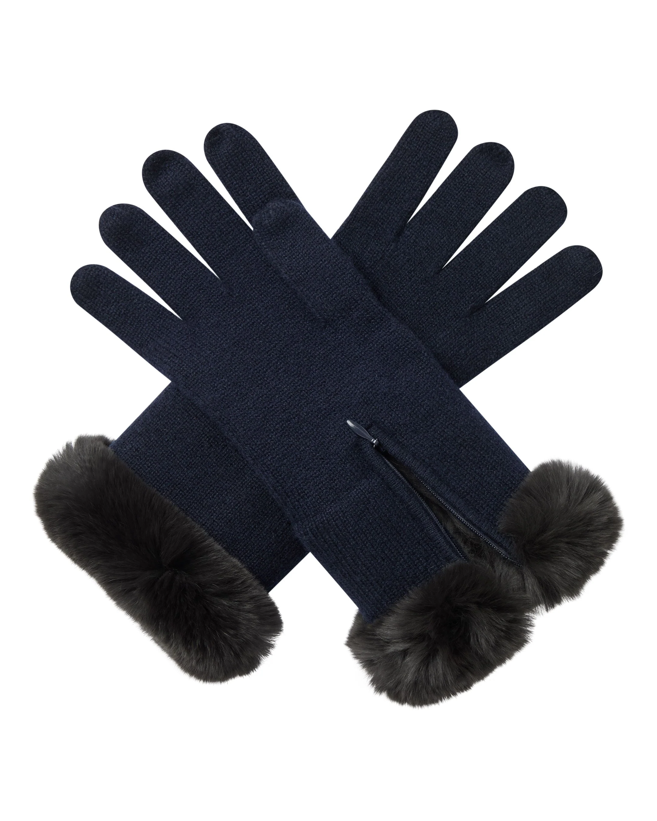 Women's Fur Trim Cashmere Gloves Navy Blue