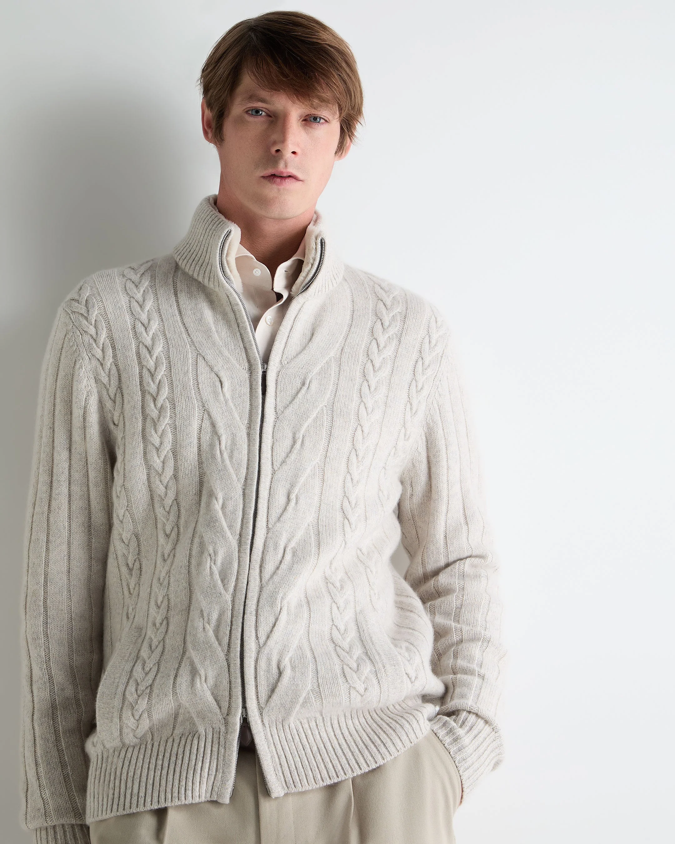 Men's Colorado Cable Fur Trim Cashmere Jacket Ash Grey Marl