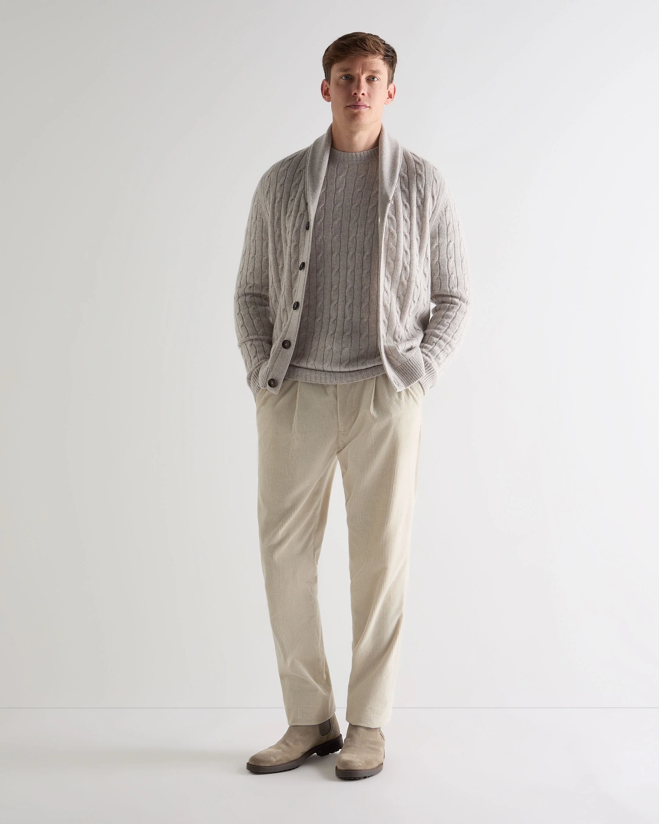 Men's Thames Cable Round Neck Cashmere Sweater Nougat Brown Marl